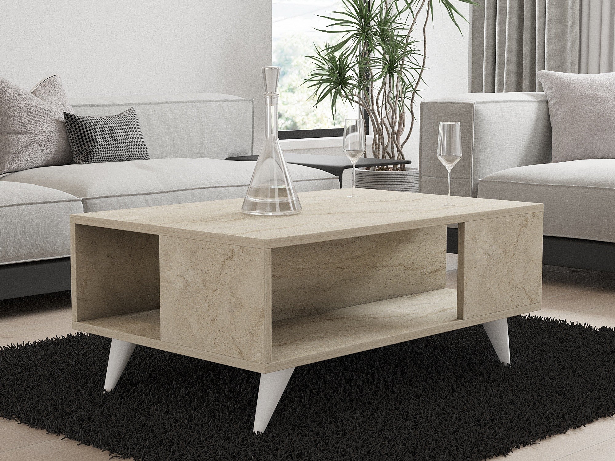 Mesa de Centro Elegante de 2 Andares, Cor Travertino, 90 x 60 x 39,5 cm | Painel de Partículas 100% Revestido com Melamina, 18 mm de Espessura | Solução de Armazenamento Elegante e Funcional
