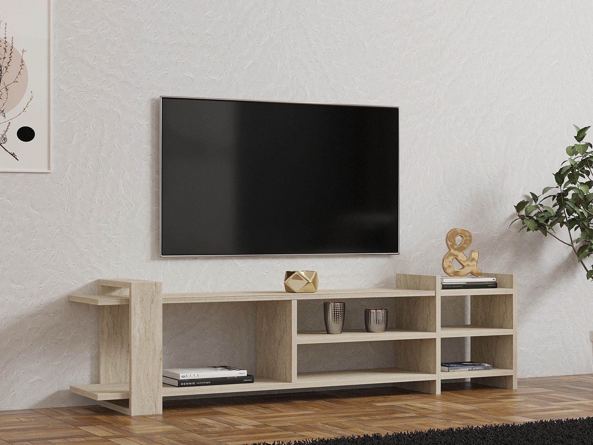 Móvel de TV – 156 cm – Cor Travertino – Painel de Partículas revestido em Melamina