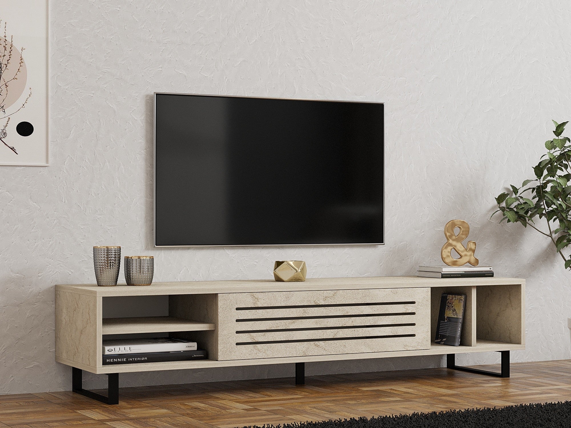 Móvel de TV – 160 cm x 35 cm x 40 cm – cor travertino – painel de partículas revestido de melamina