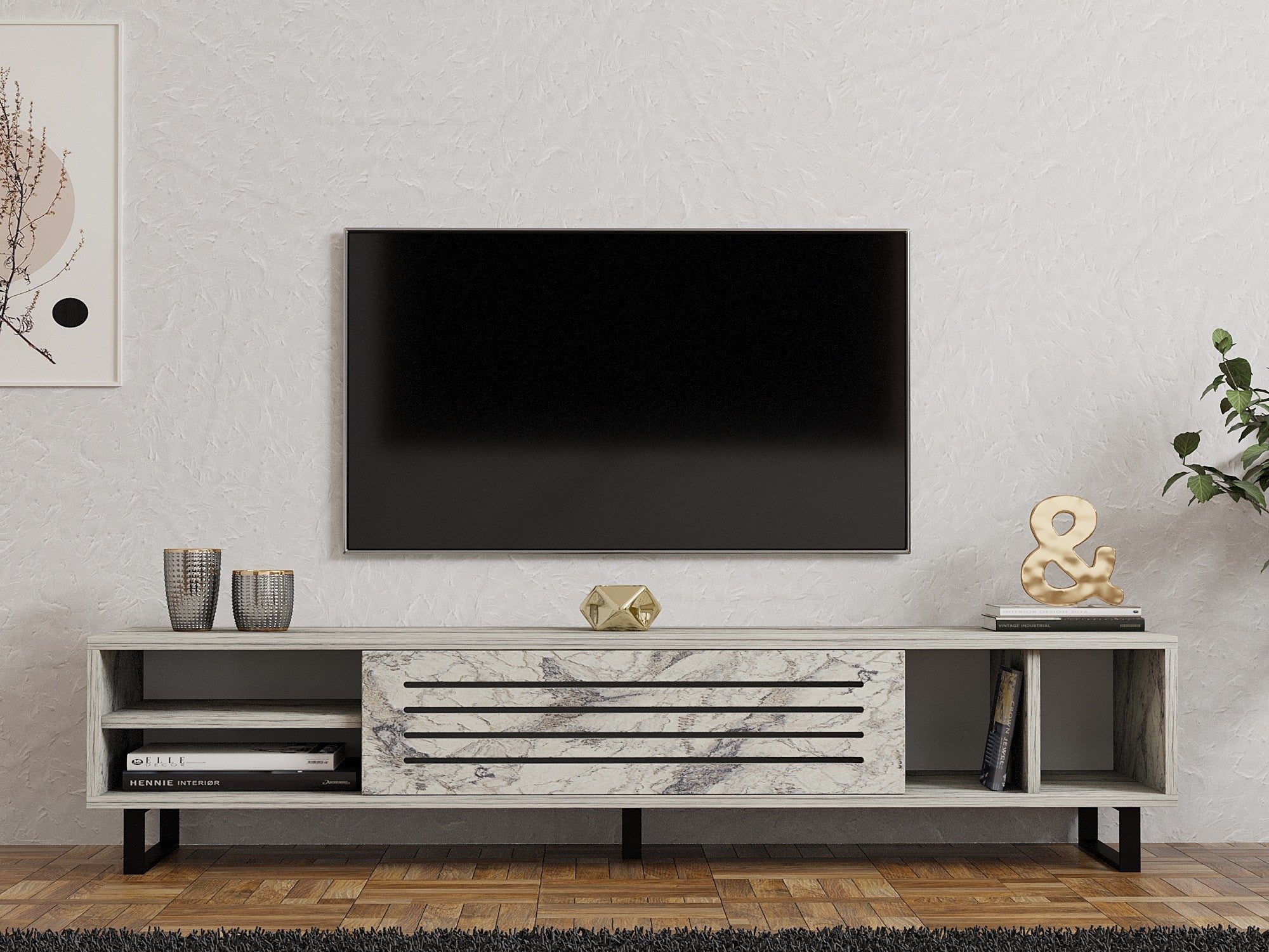 Móvel de TV – 160cm x 35cm x 40cm – Mármore Freesia – Painel de partículas revestido a melamina