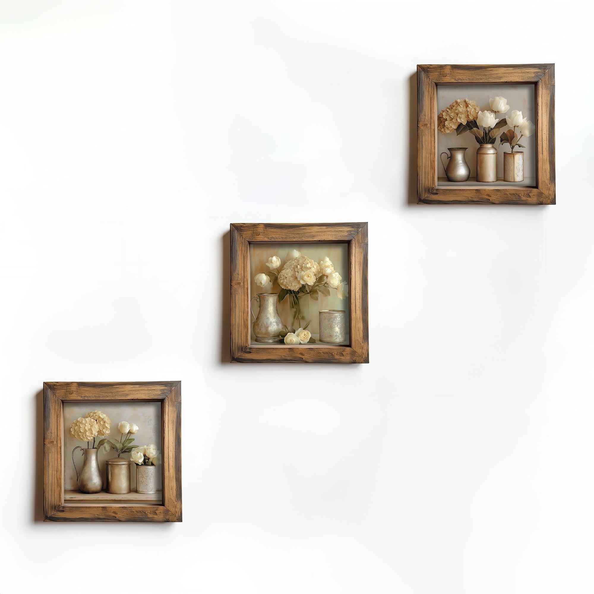 Conjunto de 3 Quadros Decorativos MDF Multicolor com Moldura em Madeira - Impressão UV de Alta Qualidade 16x16cm