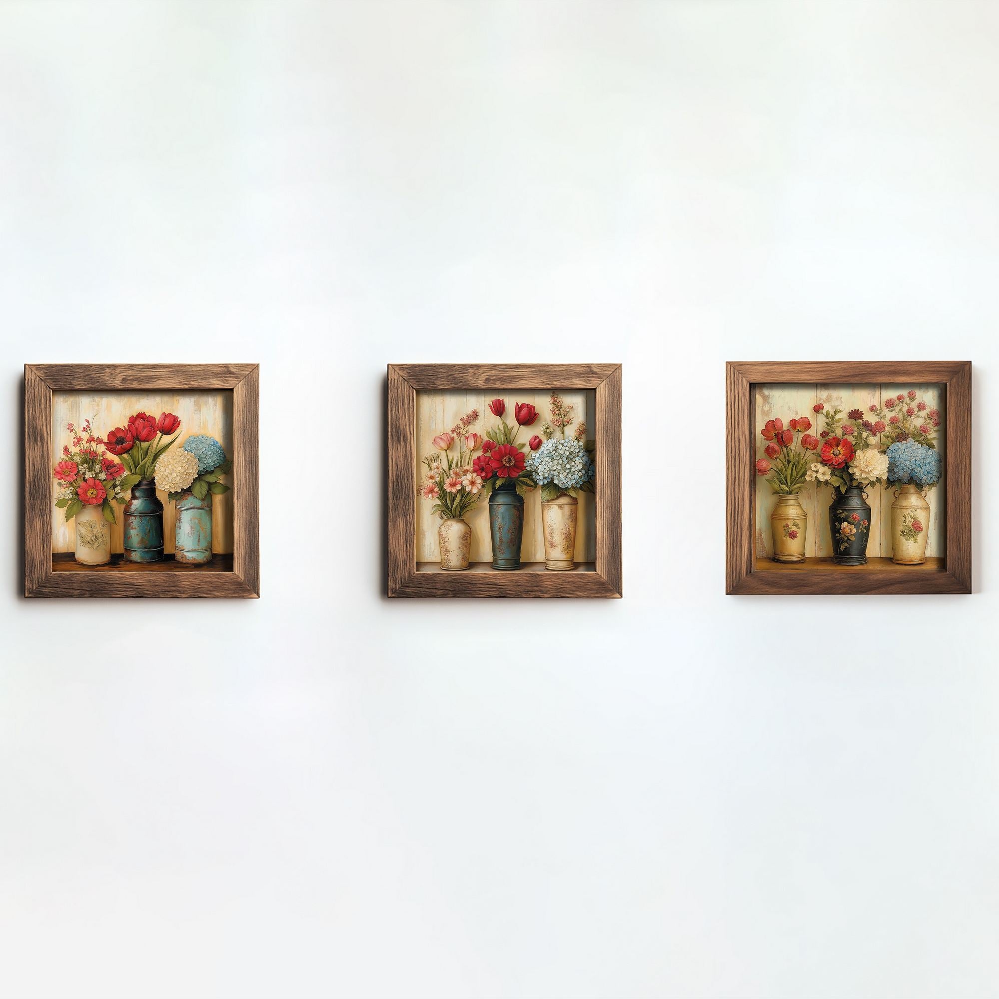 Conjunto de 3 Quadros Decorativos MDF Multicolor com Moldura em Madeira - 16x16cm