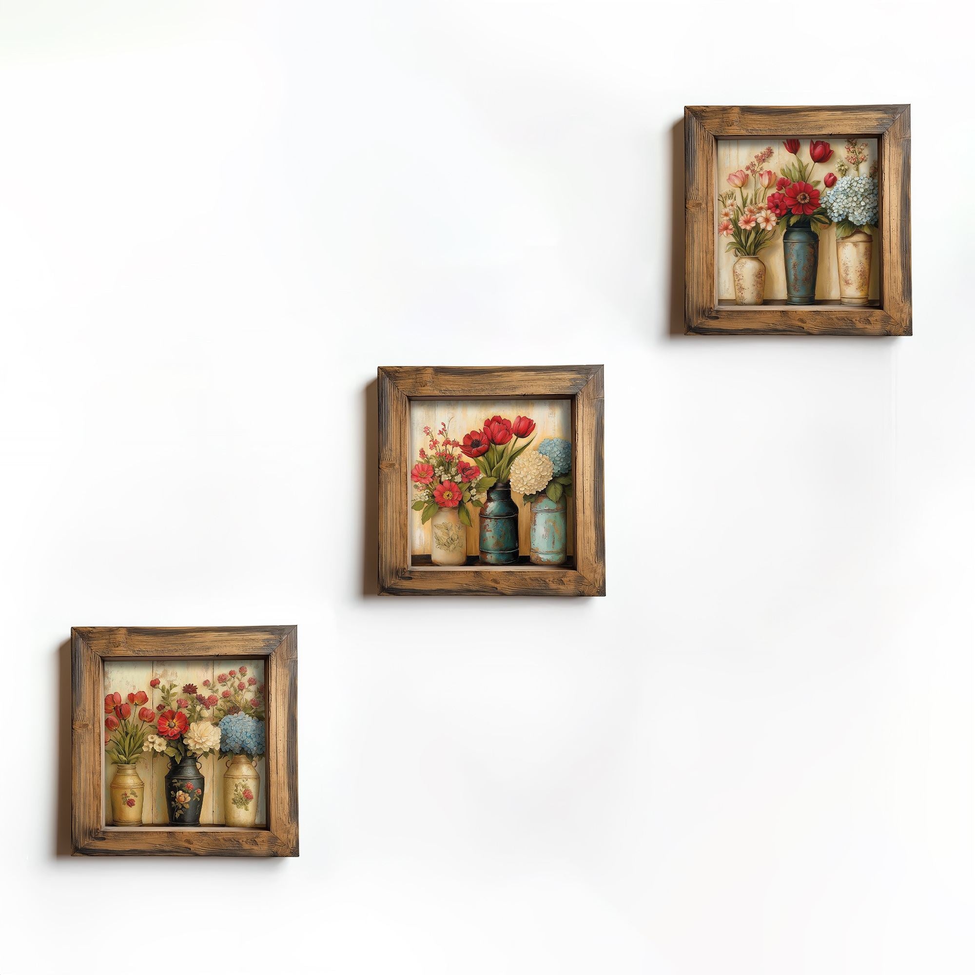 Conjunto de 3 Quadros Decorativos MDF Multicolor com Moldura em Madeira - 16x16cm