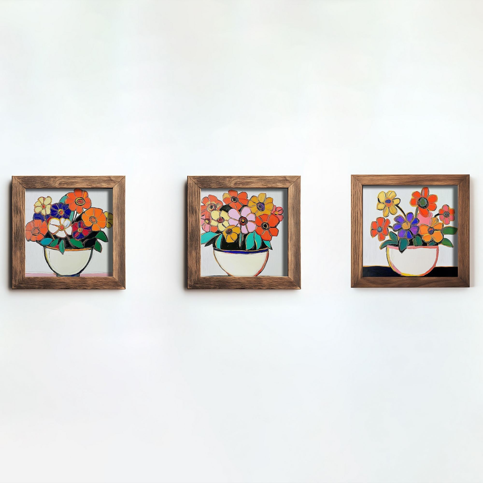 Conjunto de 3 Quadros Decorativos MDF Multicolor com Moldura em Madeira - 16x16cm