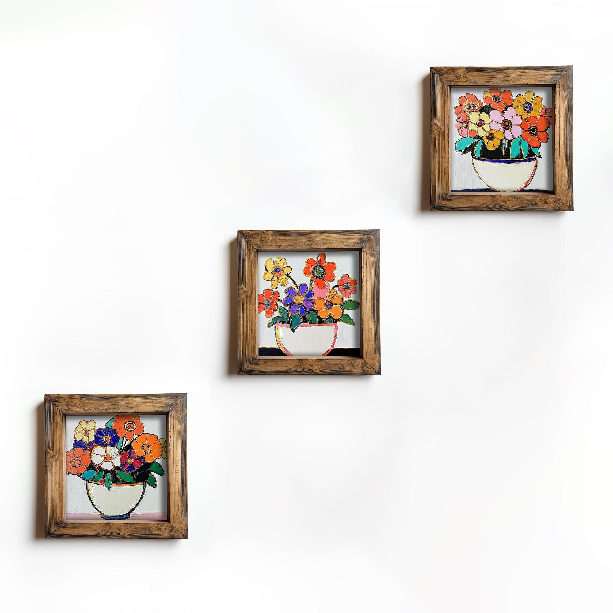 Conjunto de 3 Quadros Decorativos MDF Multicolor com Moldura em Madeira - 16x16cm