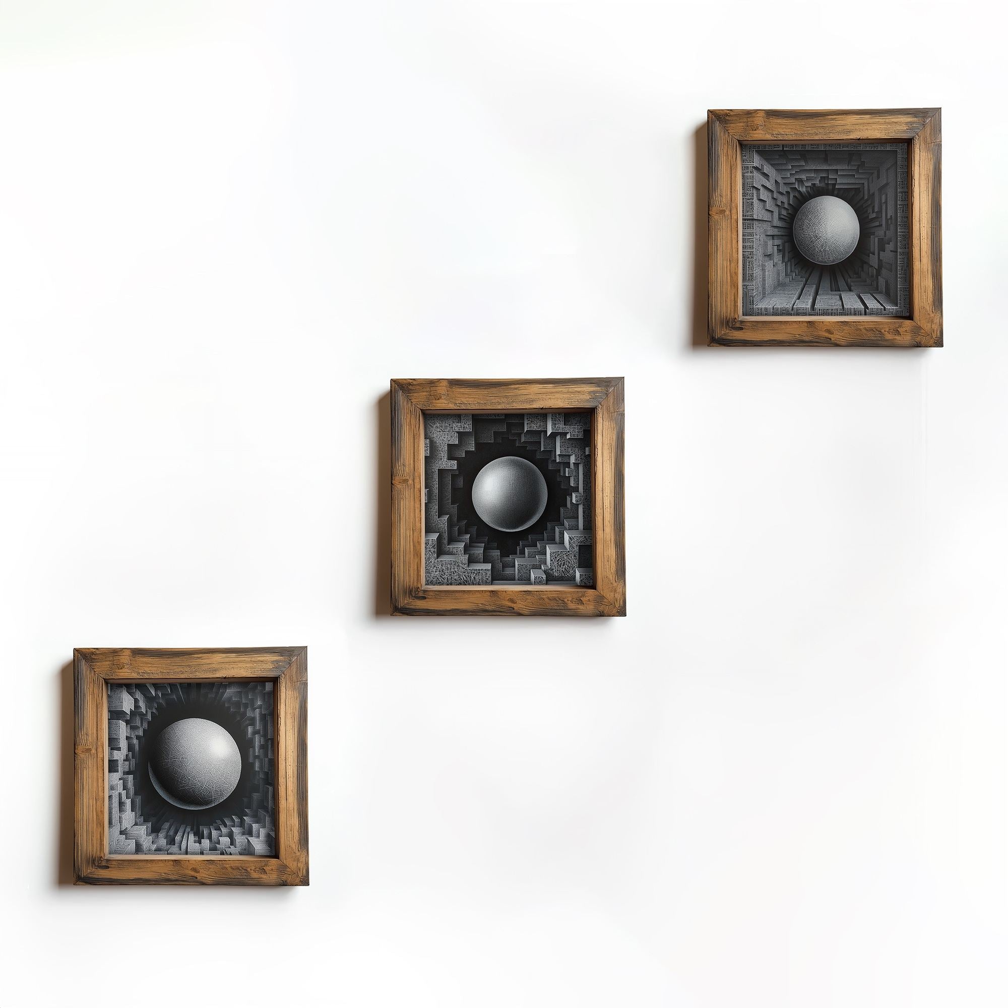 Conjunto de 3 Quadros Decorativos MDF Multicolor com Moldura em Madeira - 16x16cm