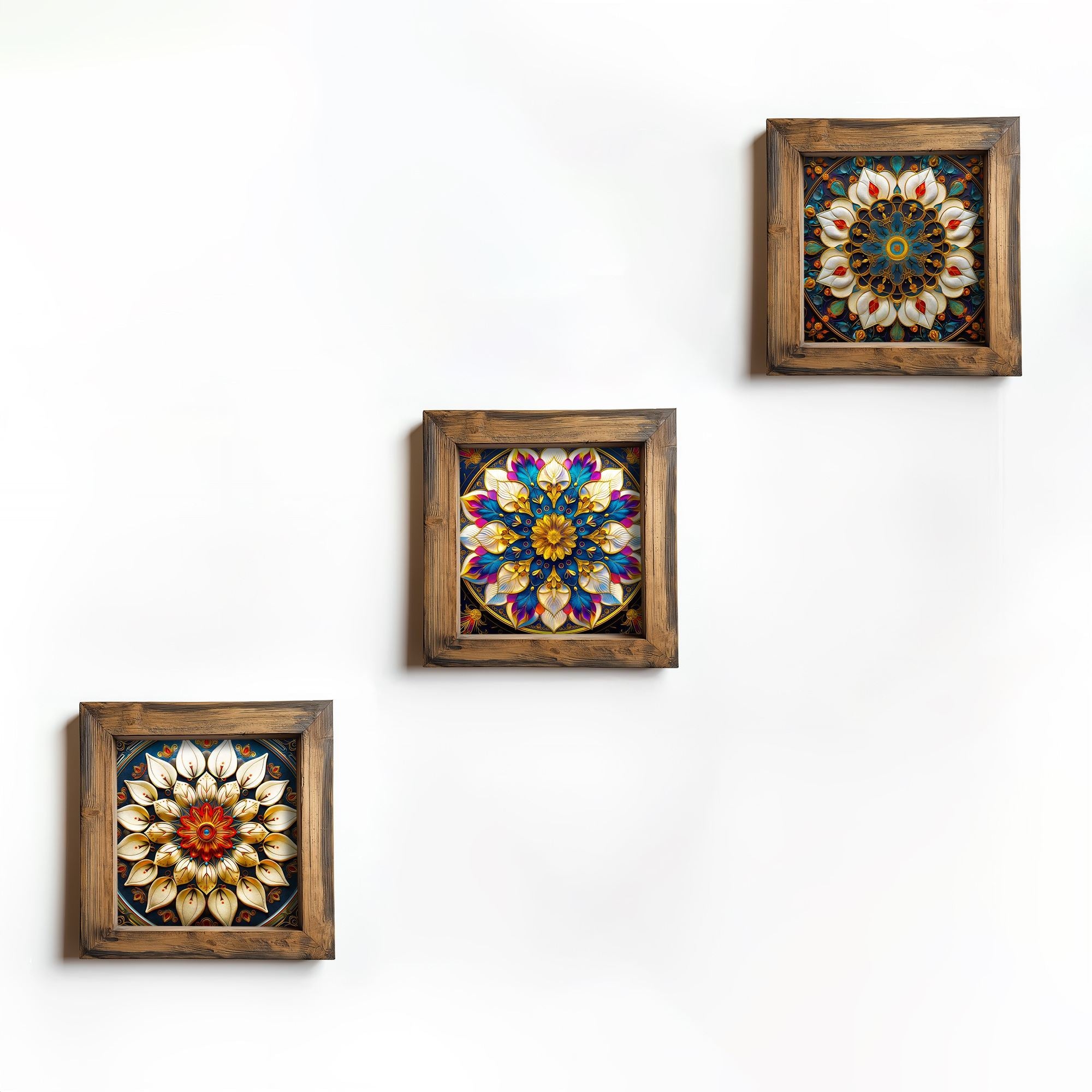 Conjunto de 3 Quadros Decorativos MDF Multicolor com Moldura em Madeira - 16x16cm