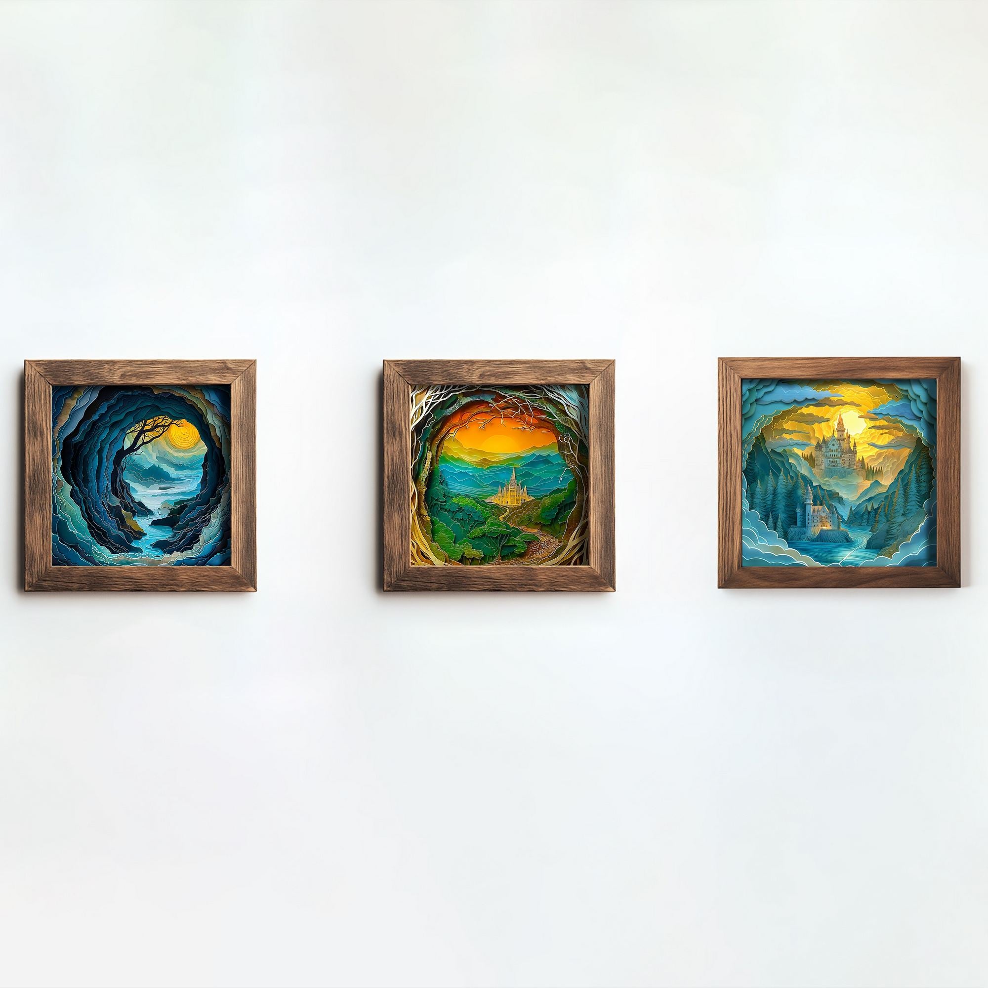 Conjunto de 3 Quadros Decorativos MDF Multicolor com Moldura em Madeira - 16x16cm