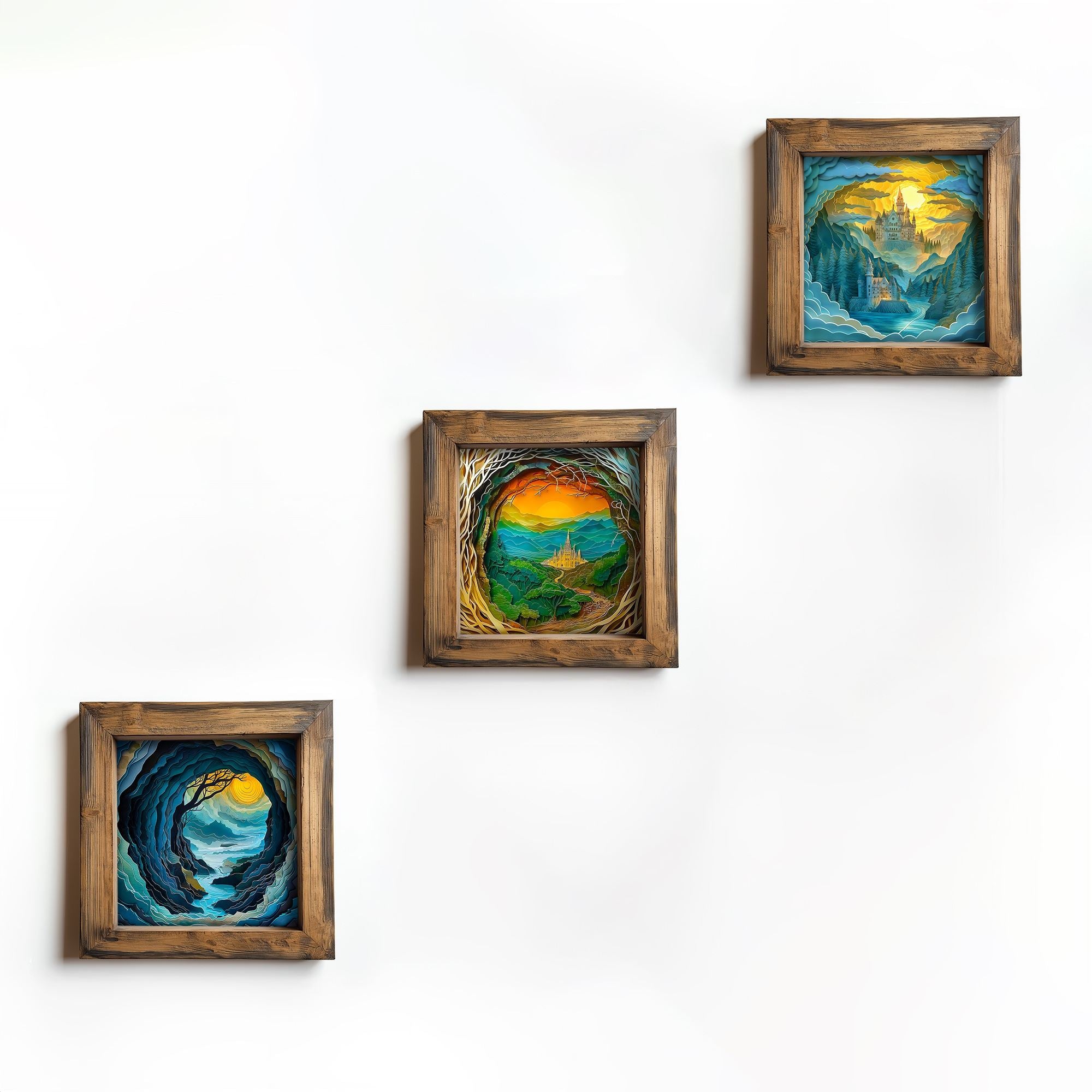 Conjunto de 3 Quadros Decorativos MDF Multicolor com Moldura em Madeira - 16x16cm