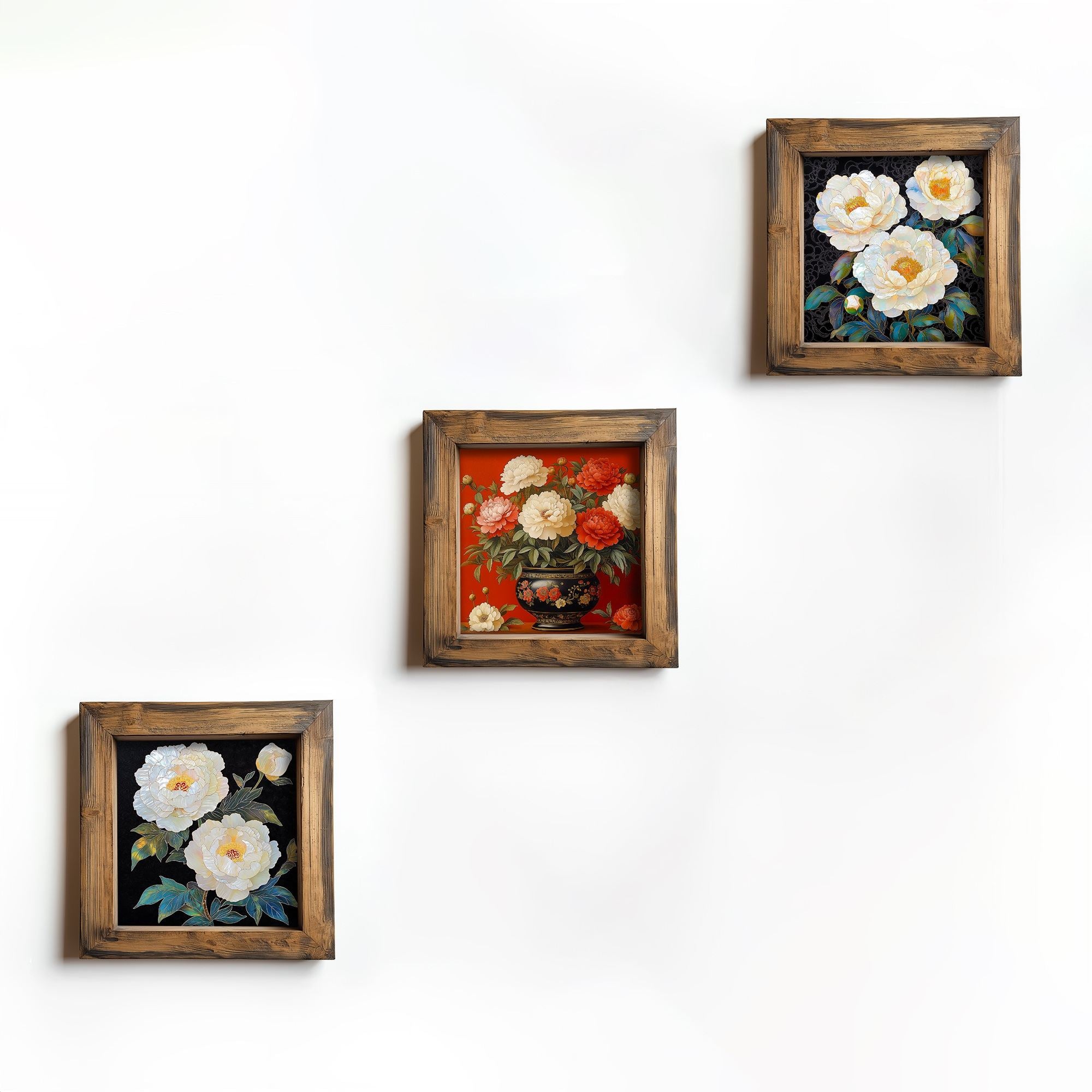 Conjunto de 3 Quadros Decorativos MDF Multicolor com Moldura em Madeira - 16x16cm