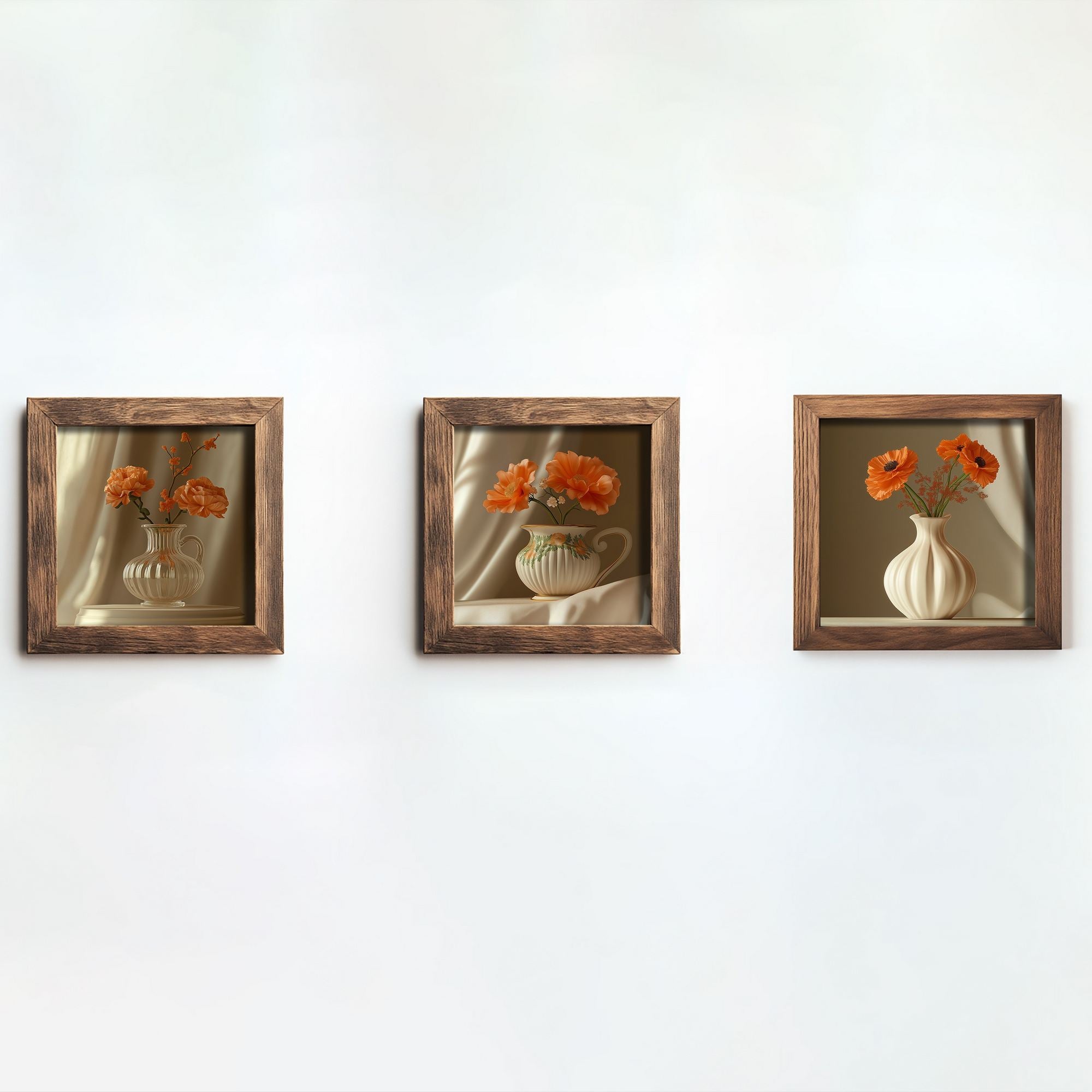 Conjunto de 3 Quadros Decorativos MDF Multicolor com Moldura em Madeira - Impressão UV de Alta Qualidade 16x16cm