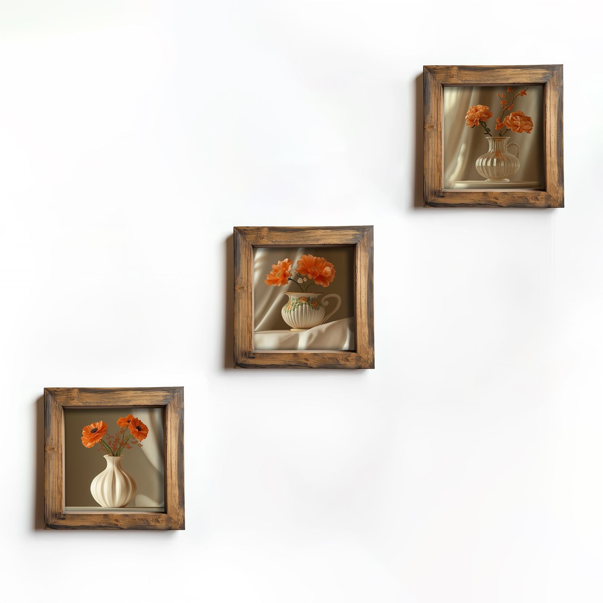 Conjunto de 3 Quadros Decorativos MDF Multicolor com Moldura em Madeira - Impressão UV de Alta Qualidade 16x16cm