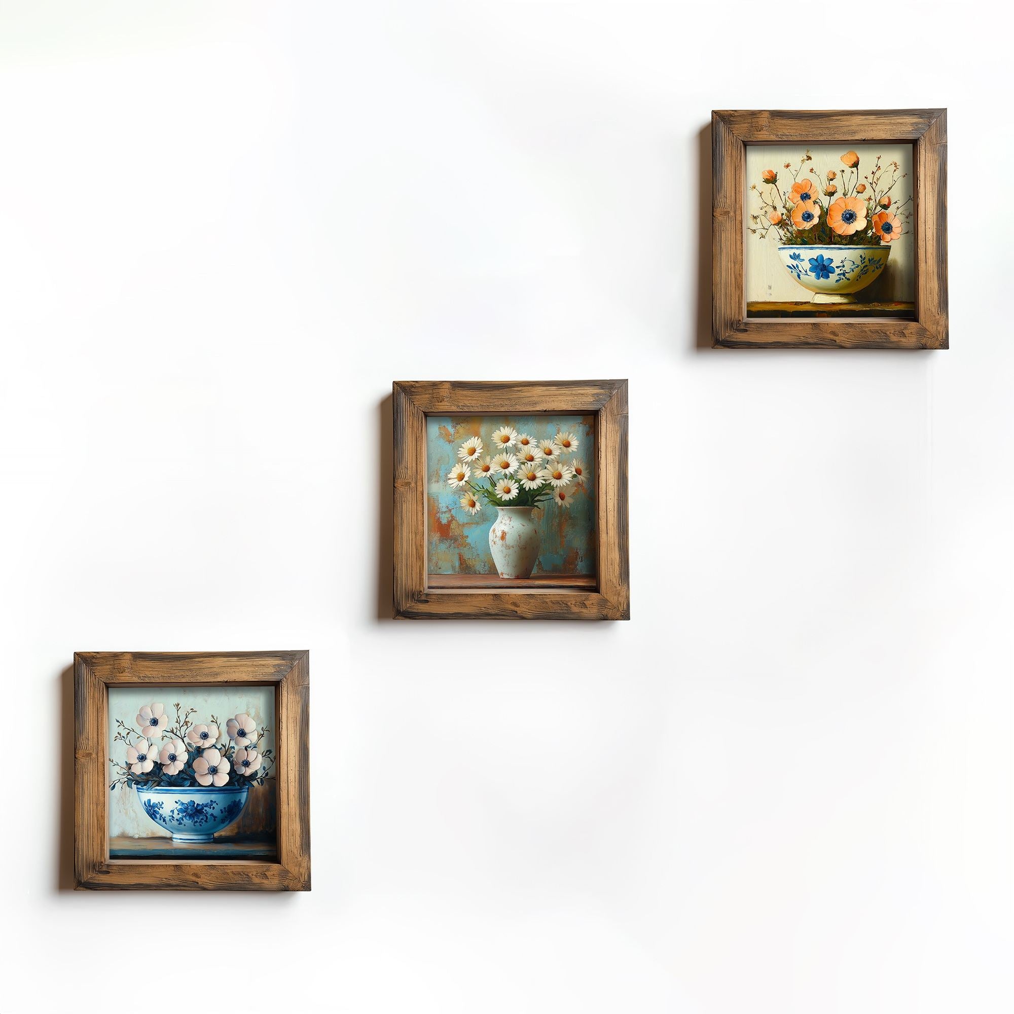 Conjunto de 3 Quadros Decorativos MDF Multicolor com Moldura em Madeira - 16x16cm