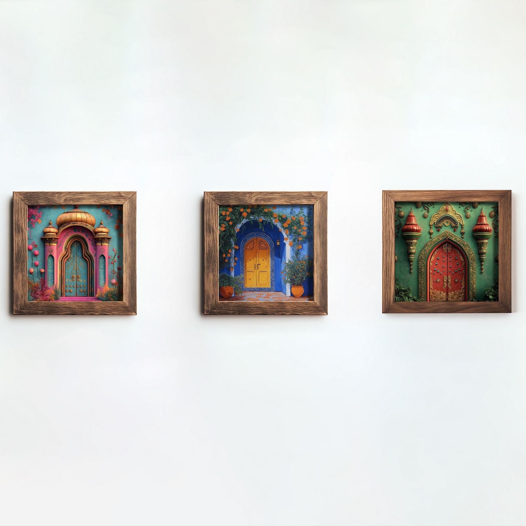 Conjunto de 3 Quadros Decorativos MDF Multicolor com Moldura em Madeira - 16x16cm