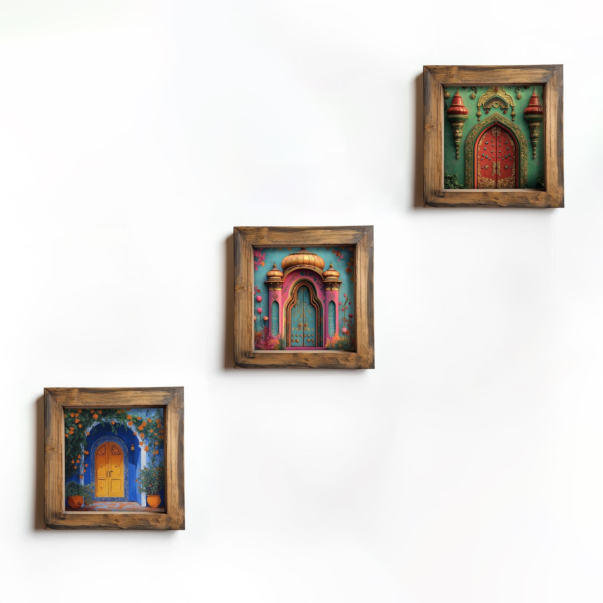 Conjunto de 3 Quadros Decorativos MDF Multicolor com Moldura em Madeira - 16x16cm