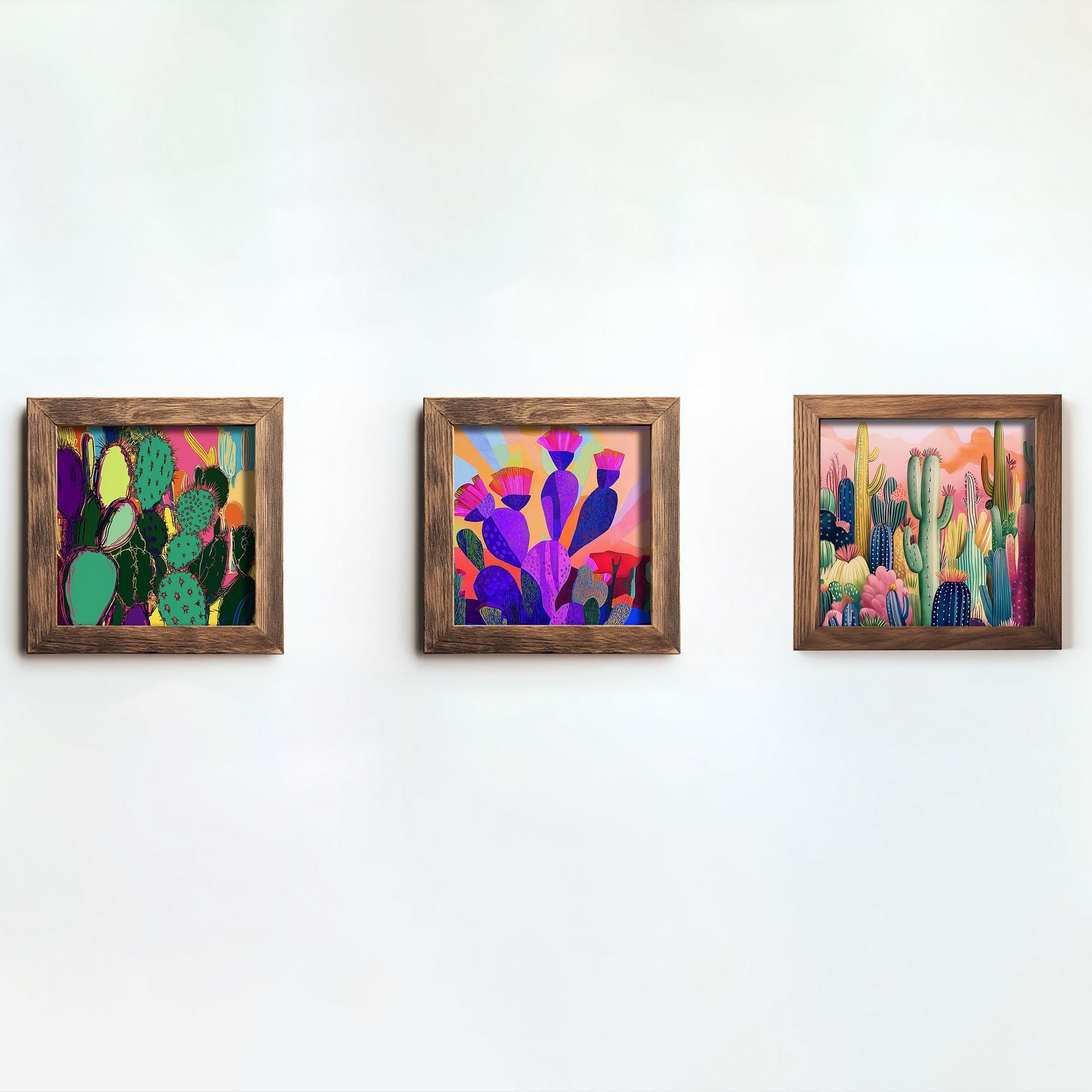 Conjunto de 3 Quadros Decorativos MDF Multicolor com Moldura em Madeira - 16x16cm