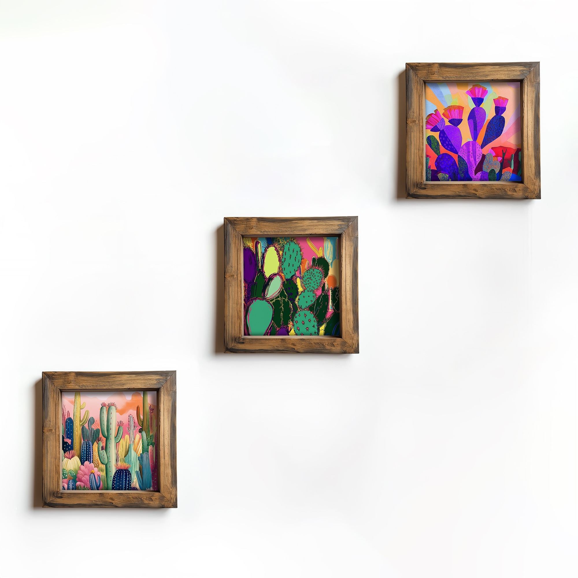 Conjunto de 3 Quadros Decorativos MDF Multicolor com Moldura em Madeira - 16x16cm