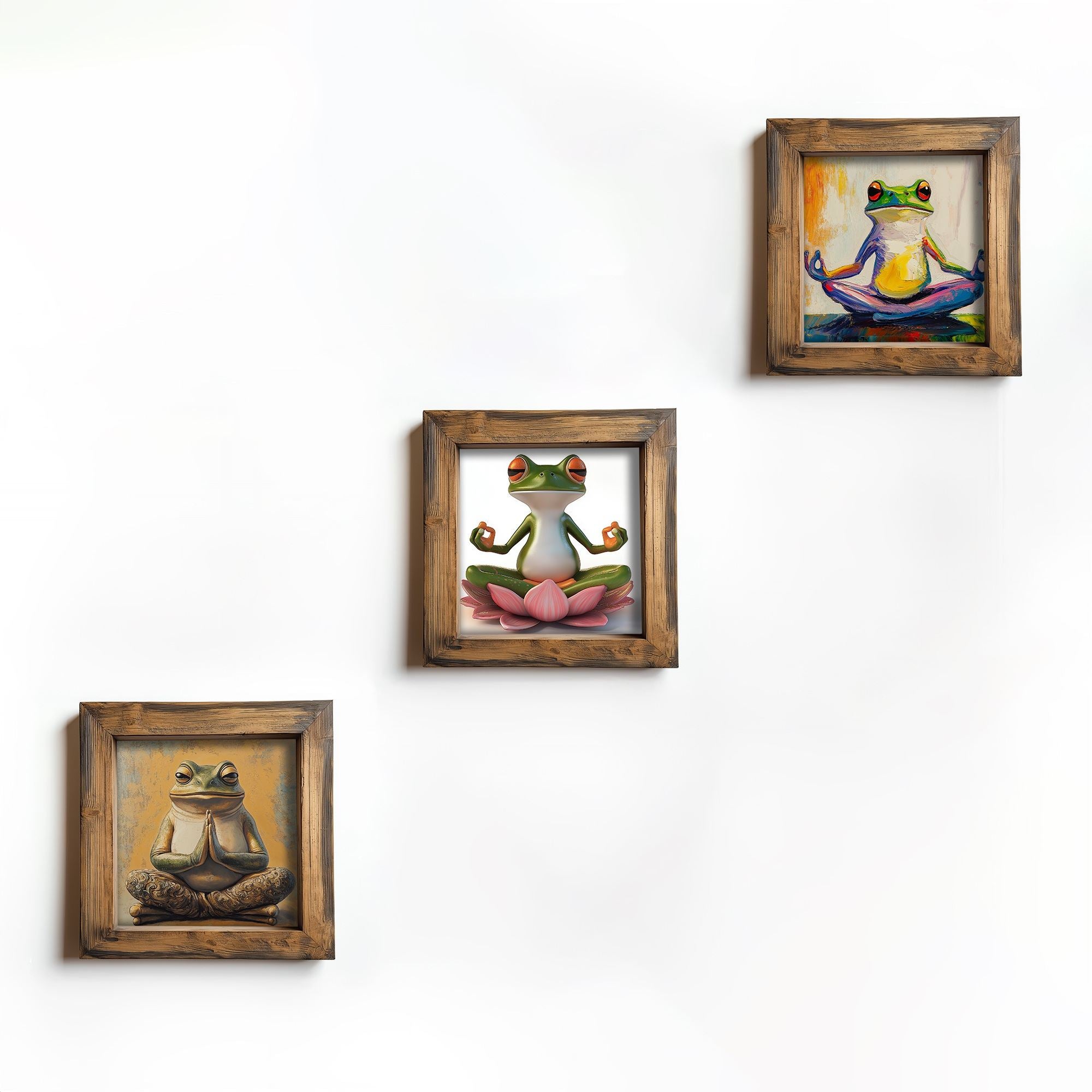 Conjunto de 3 Quadros Decorativos MDF Multicolor com Moldura em Madeira - Impressão UV de Alta Qualidade 16x16cm