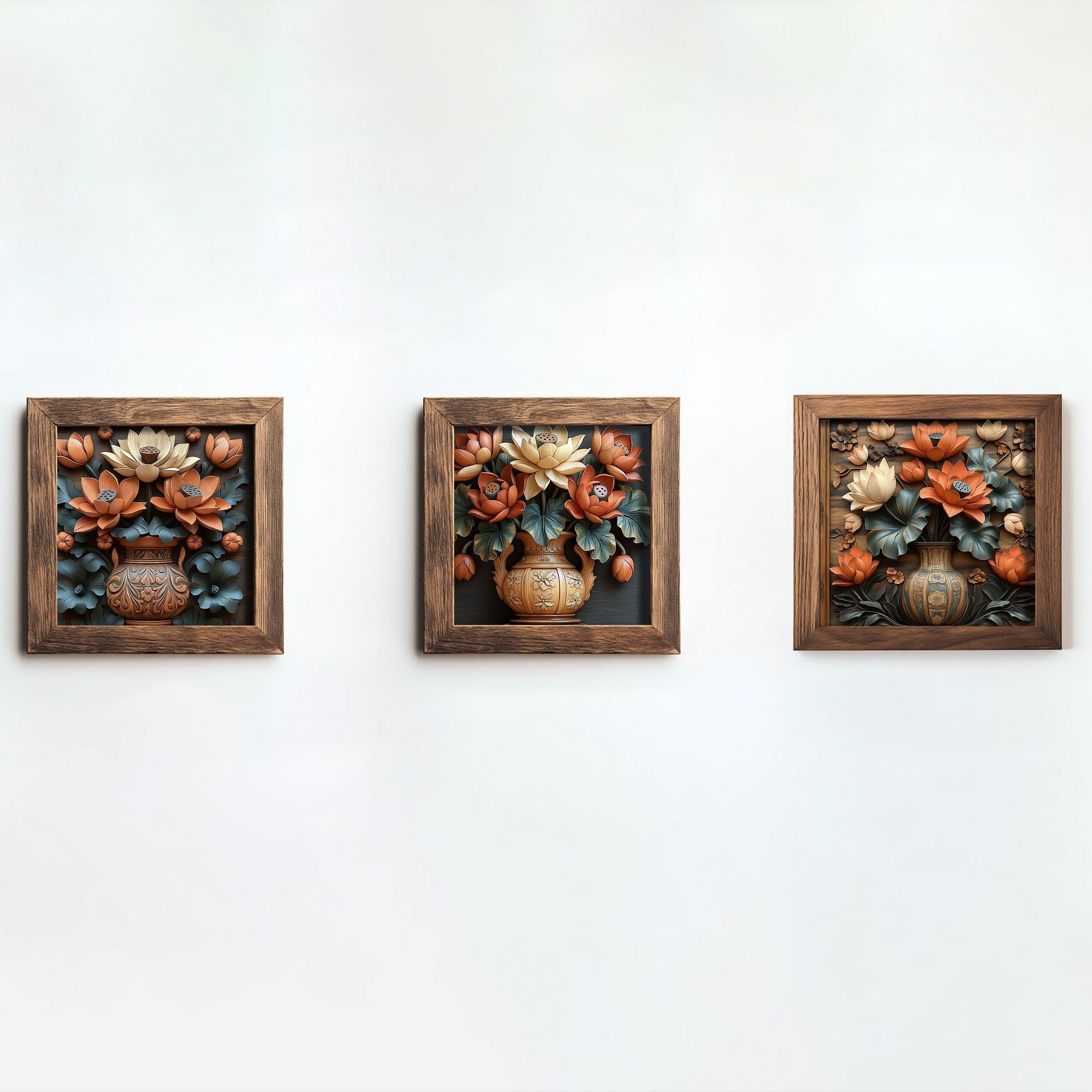 Conjunto de 3 Quadros Decorativos MDF Multicolor com Moldura em Madeira - 16x16cm