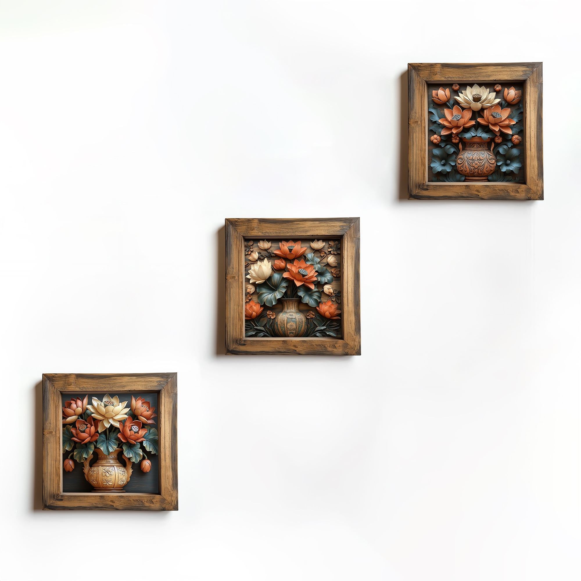 Conjunto de 3 Quadros Decorativos MDF Multicolor com Moldura em Madeira - 16x16cm