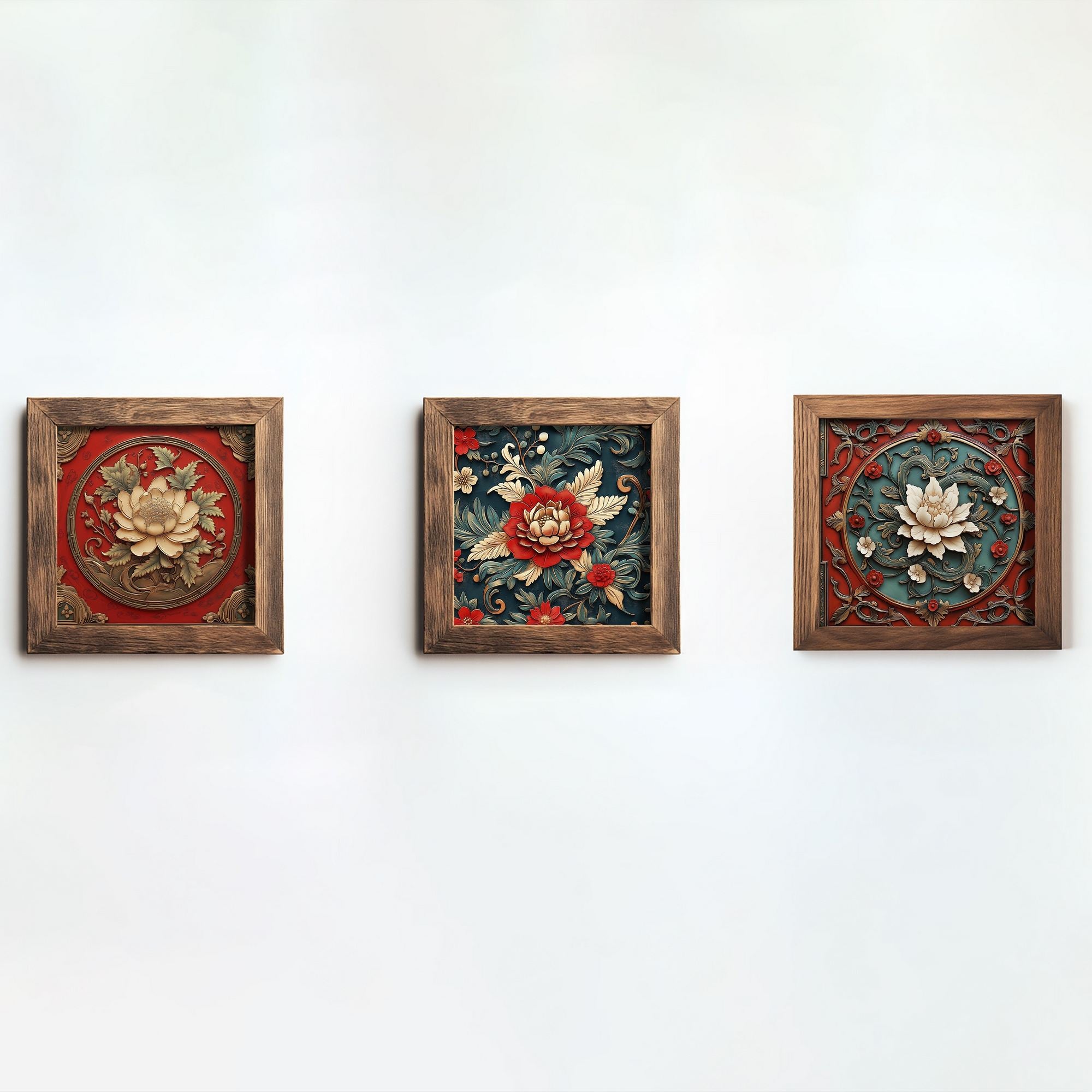 Conjunto de 3 Quadros Decorativos MDF Multicolor com Moldura em Madeira - Impressão UV de Alta Qualidade 16x16cm