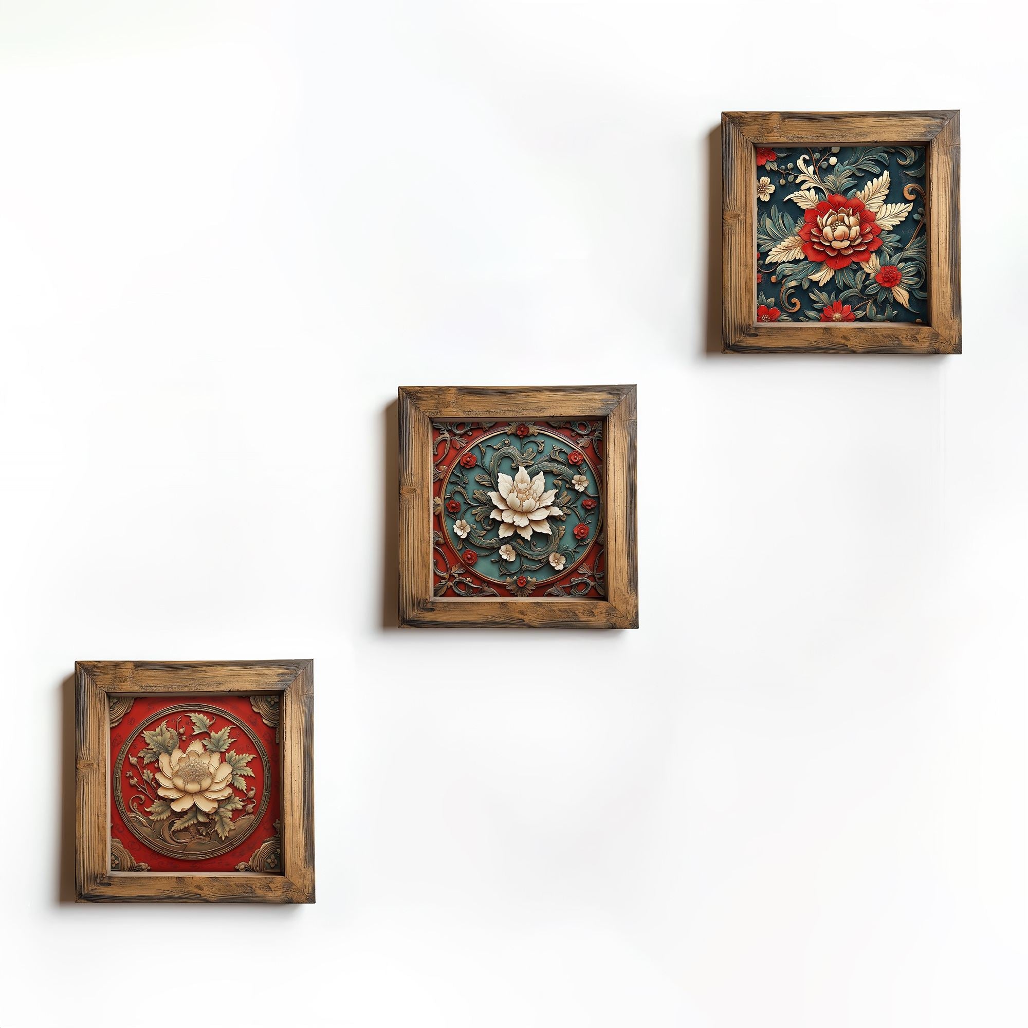 Conjunto de 3 Quadros Decorativos MDF Multicolor com Moldura em Madeira - Impressão UV de Alta Qualidade 16x16cm