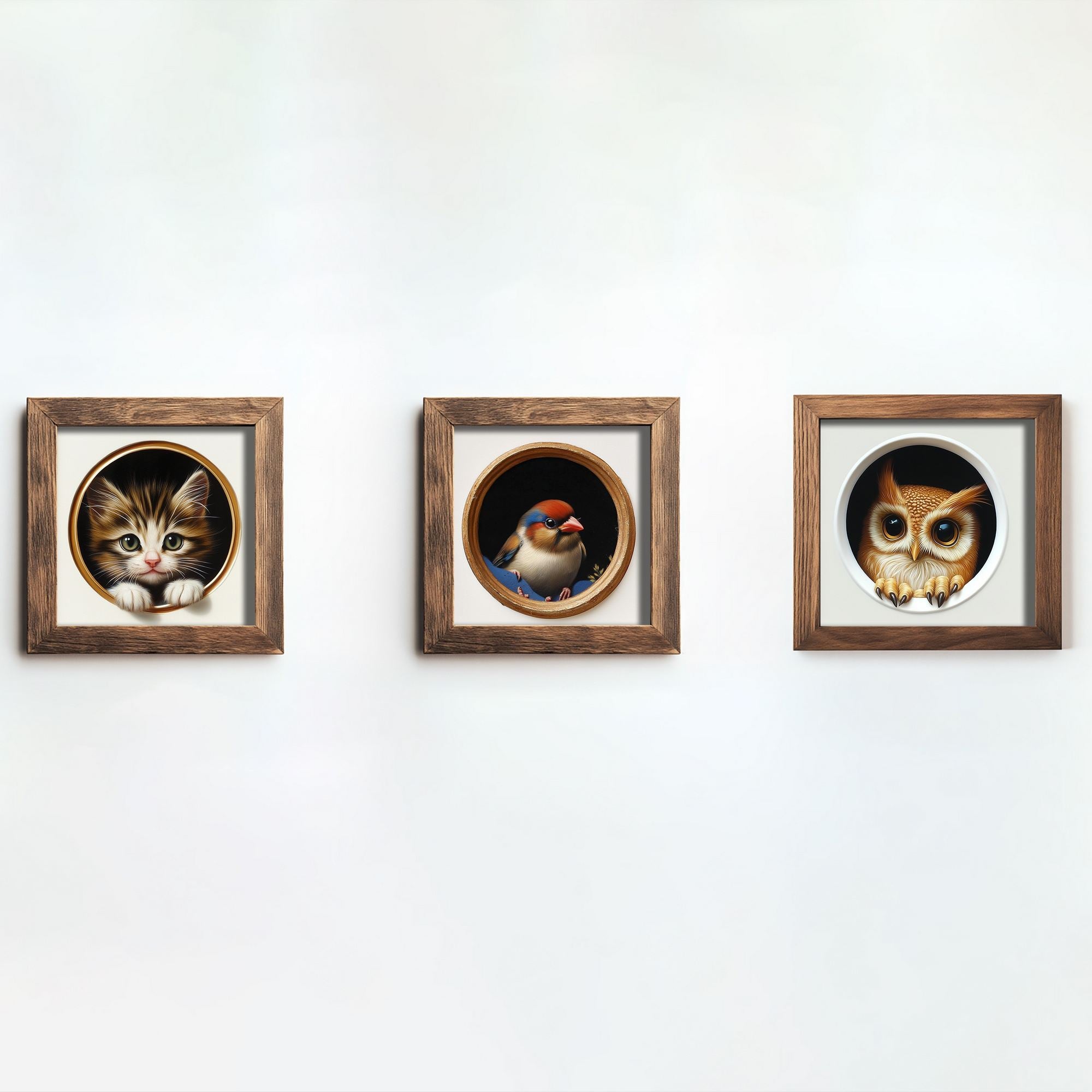 Conjunto de 3 Quadros Decorativos MDF Multicolor com Moldura em Madeira - 16x16cm