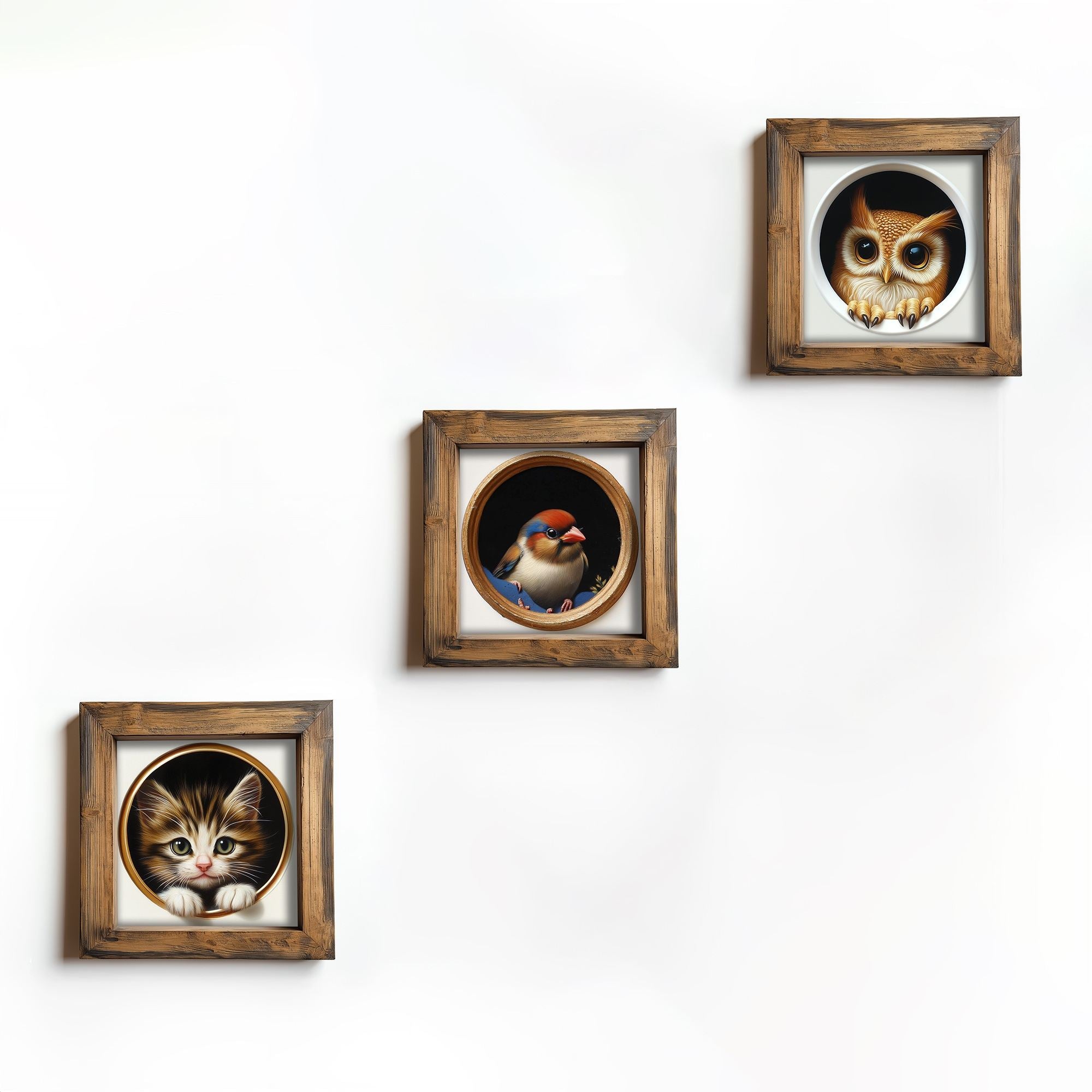 Conjunto de 3 Quadros Decorativos MDF Multicolor com Moldura em Madeira - 16x16cm