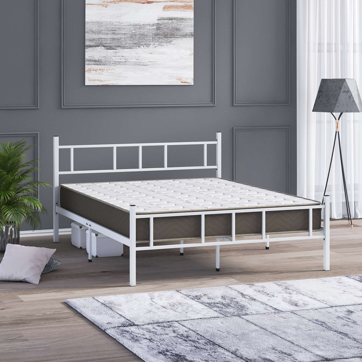 Cama de Casal Metálica Branca 120x200cm - Estrutura 100% Metal com Cabeceira 88cm