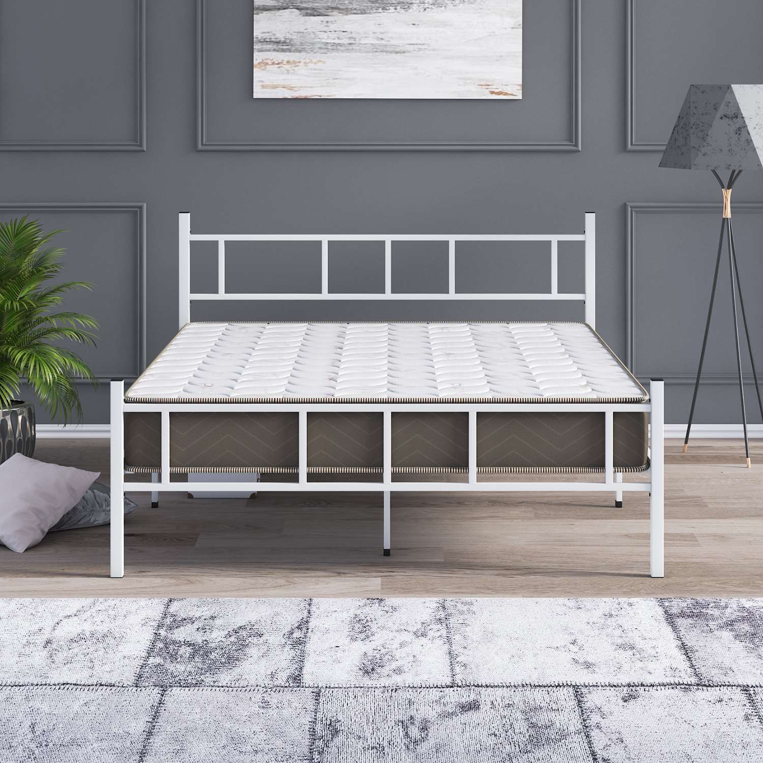 Cama de Casal Metálica Branca 120x200cm - Estrutura 100% Metal com Cabeceira 88cm