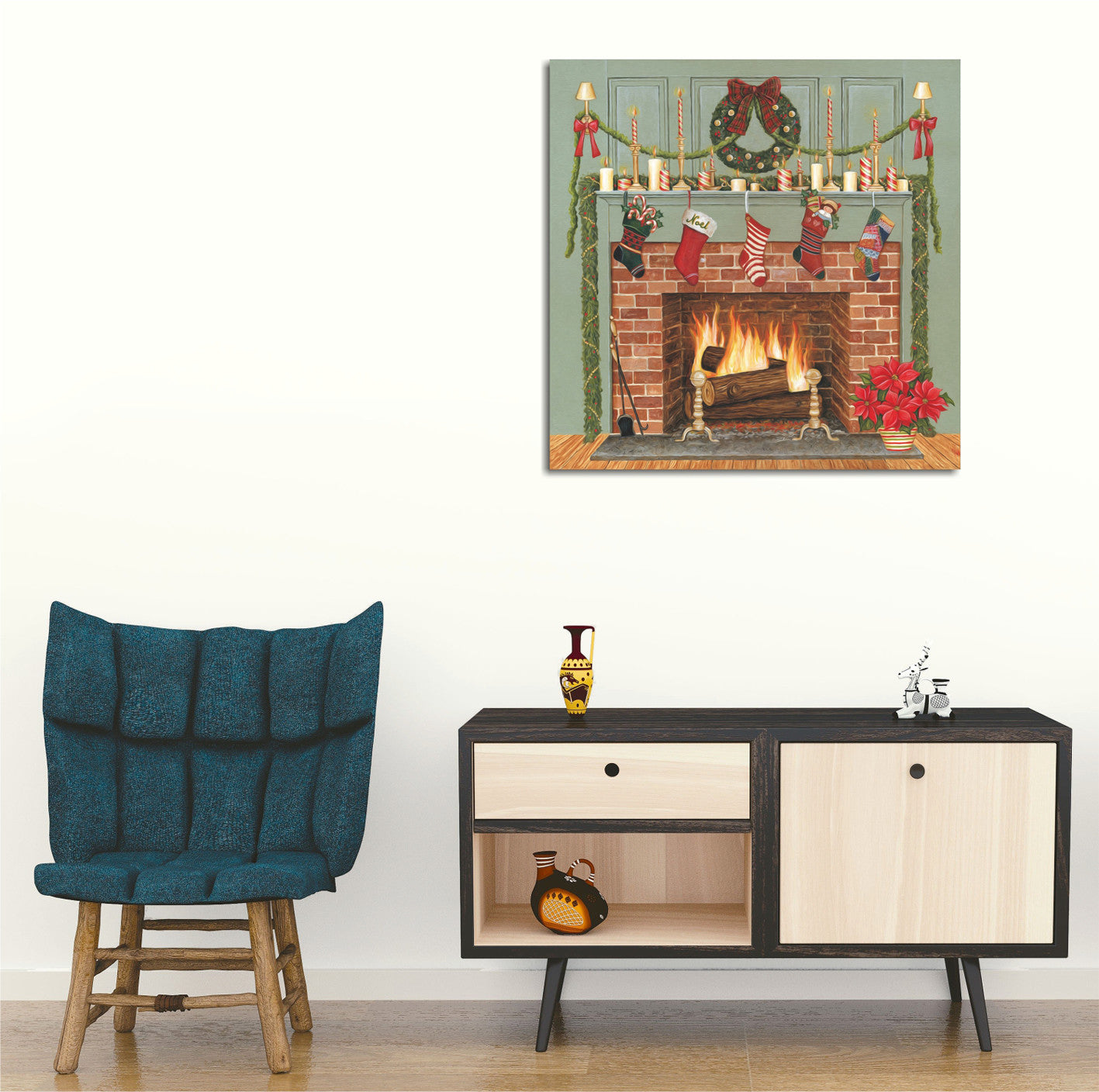 Quadro Decorativo em Tela KC195 Multicolor 45x45cm com Moldura de Madeira - Arte Moderna para Decoração de Interiores