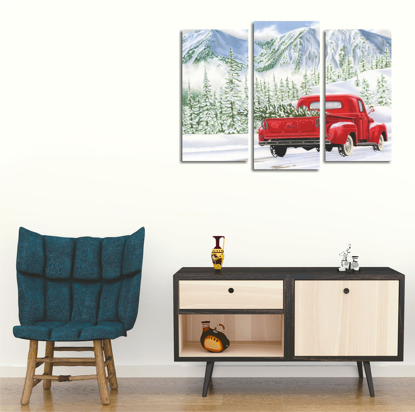 Quadro Decorativo em Tela Multicolor - Conjunto 3 Peças com Moldura de Madeira 66x45cm