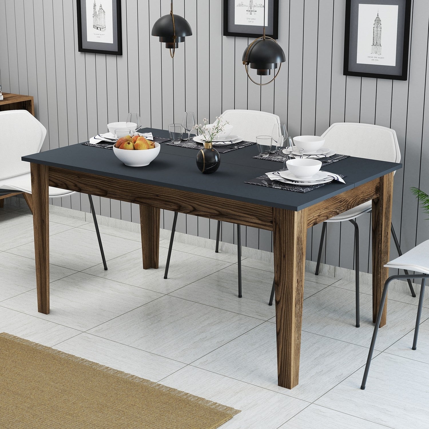 Mesa de Jantar Moderna, Nogueira e Antracite, 145 x 75 x 88 cm | Painel de Partículas 100% Revestido com Melamina, 18 mm de Espessura | Design Elegante com Pernas Suntalam e Armazenamento