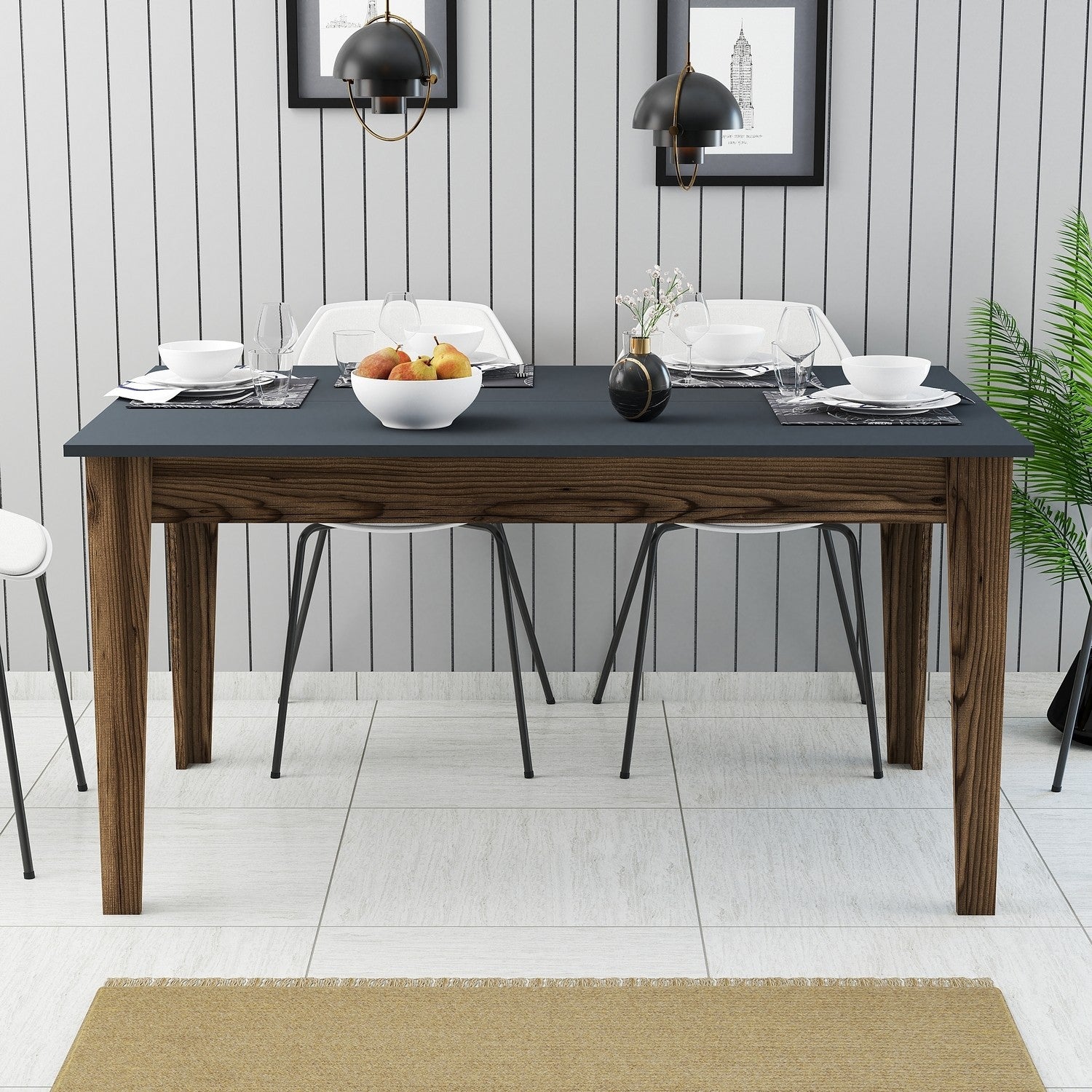 Mesa de Jantar Moderna, Nogueira e Antracite, 145 x 75 x 88 cm | Painel de Partículas 100% Revestido com Melamina, 18 mm de Espessura | Design Elegante com Pernas Suntalam e Armazenamento