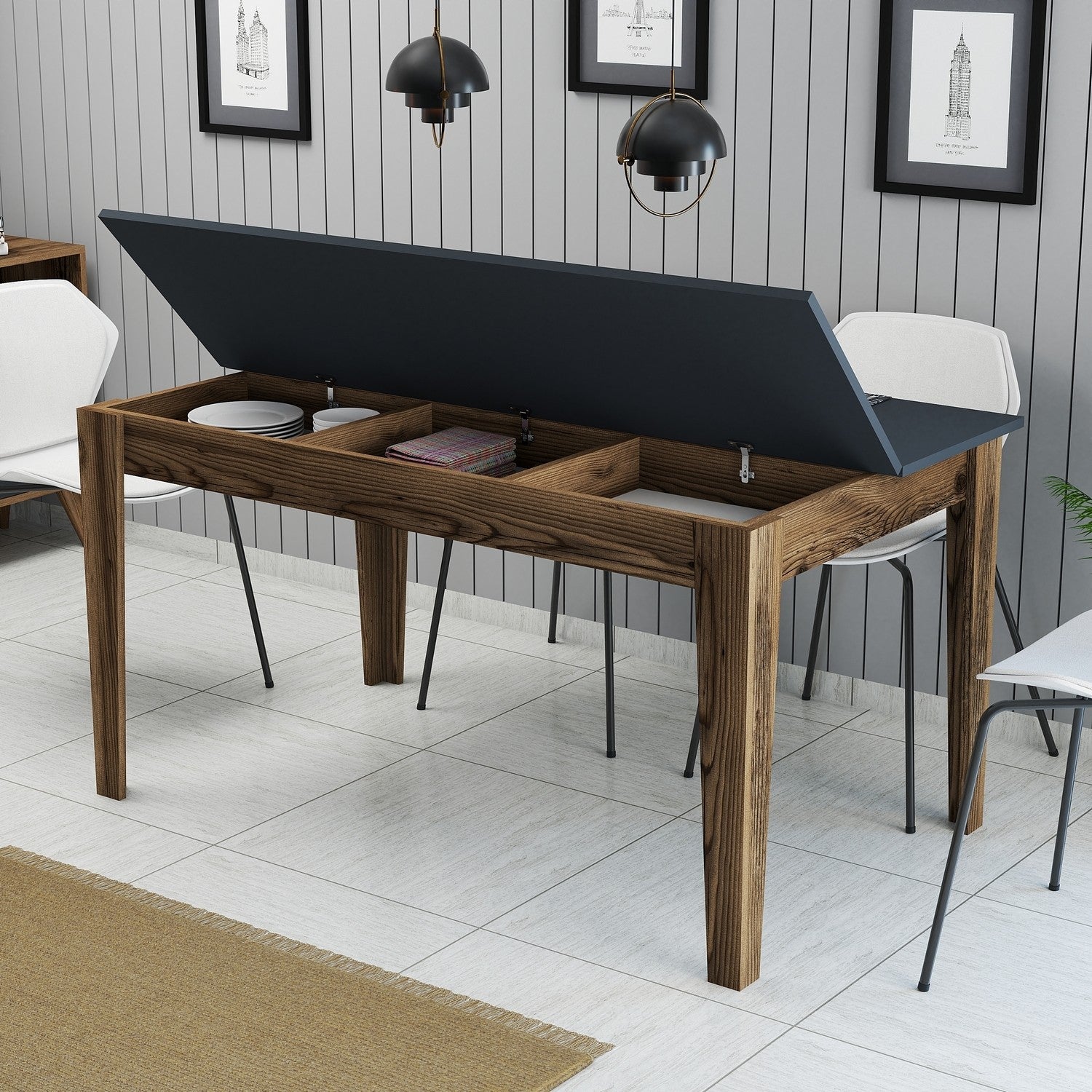 Mesa de Jantar Moderna, Nogueira e Antracite, 145 x 75 x 88 cm | Painel de Partículas 100% Revestido com Melamina, 18 mm de Espessura | Design Elegante com Pernas Suntalam e Armazenamento