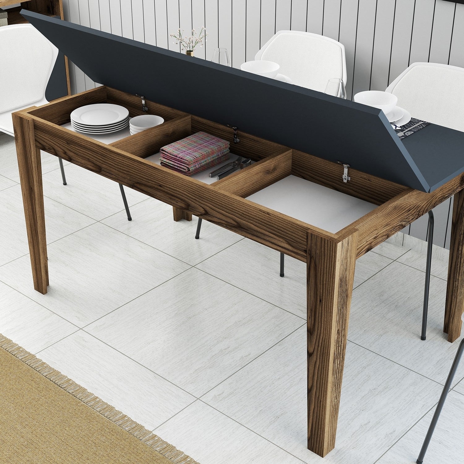 Mesa de Jantar Moderna, Nogueira e Antracite, 145 x 75 x 88 cm | Painel de Partículas 100% Revestido com Melamina, 18 mm de Espessura | Design Elegante com Pernas Suntalam e Armazenamento