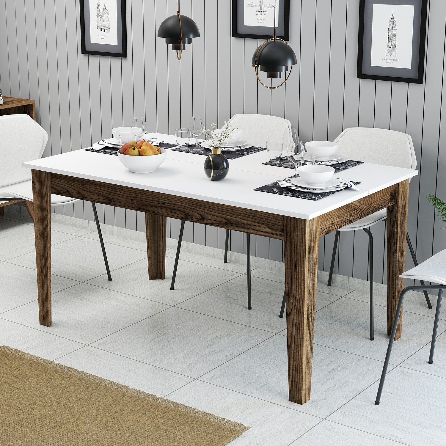 Mesa de Jantar Moderna, Nogueira e Branco, 145 x 88 x 75 cm | Painel de Partículas 100% Revestido com Melamina, 18 mm de Espessura | Pernas Elegantes em Suntalam, Ideal para Espaços Contemporâneos