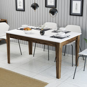 Mesa de Jantar Moderna, Nogueira e Branco, 145 x 88 x 75 cm | Painel de Partículas 100% Revestido com Melamina, 18 mm de Espessura | Pernas Elegantes em Suntalam, Ideal para Espaços Contemporâneos