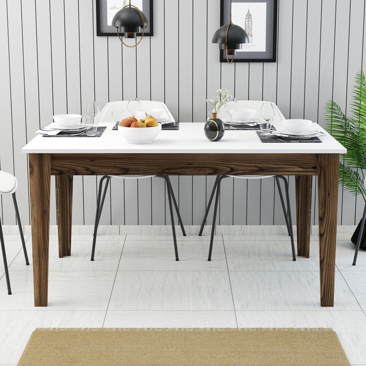 Mesa de Jantar Moderna, Nogueira e Branco, 145 x 88 x 75 cm | Painel de Partículas 100% Revestido com Melamina, 18 mm de Espessura | Pernas Elegantes em Suntalam, Ideal para Espaços Contemporâneos