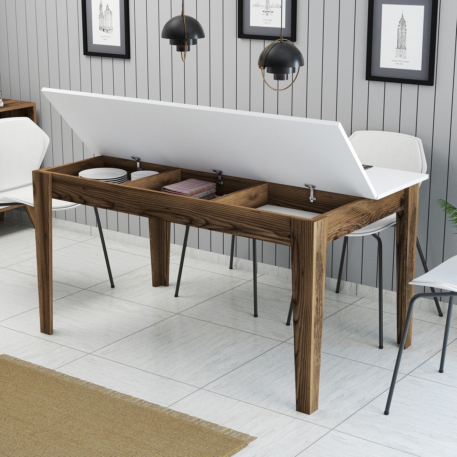 Mesa de Jantar Moderna, Nogueira e Branco, 145 x 88 x 75 cm | Painel de Partículas 100% Revestido com Melamina, 18 mm de Espessura | Pernas Elegantes em Suntalam, Ideal para Espaços Contemporâneos