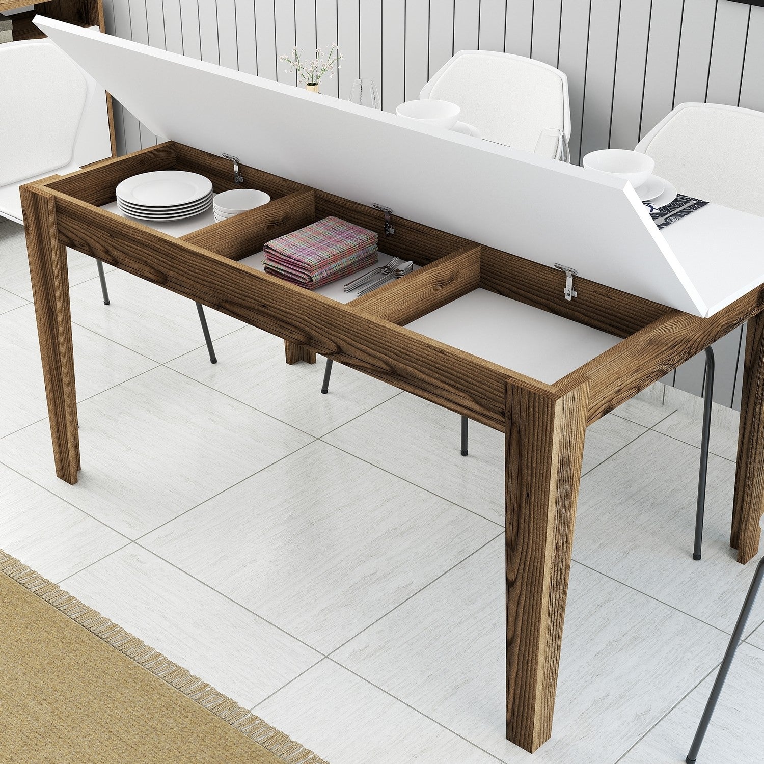 Mesa de Jantar Moderna, Nogueira e Branco, 145 x 88 x 75 cm | Painel de Partículas 100% Revestido com Melamina, 18 mm de Espessura | Pernas Elegantes em Suntalam, Ideal para Espaços Contemporâneos
