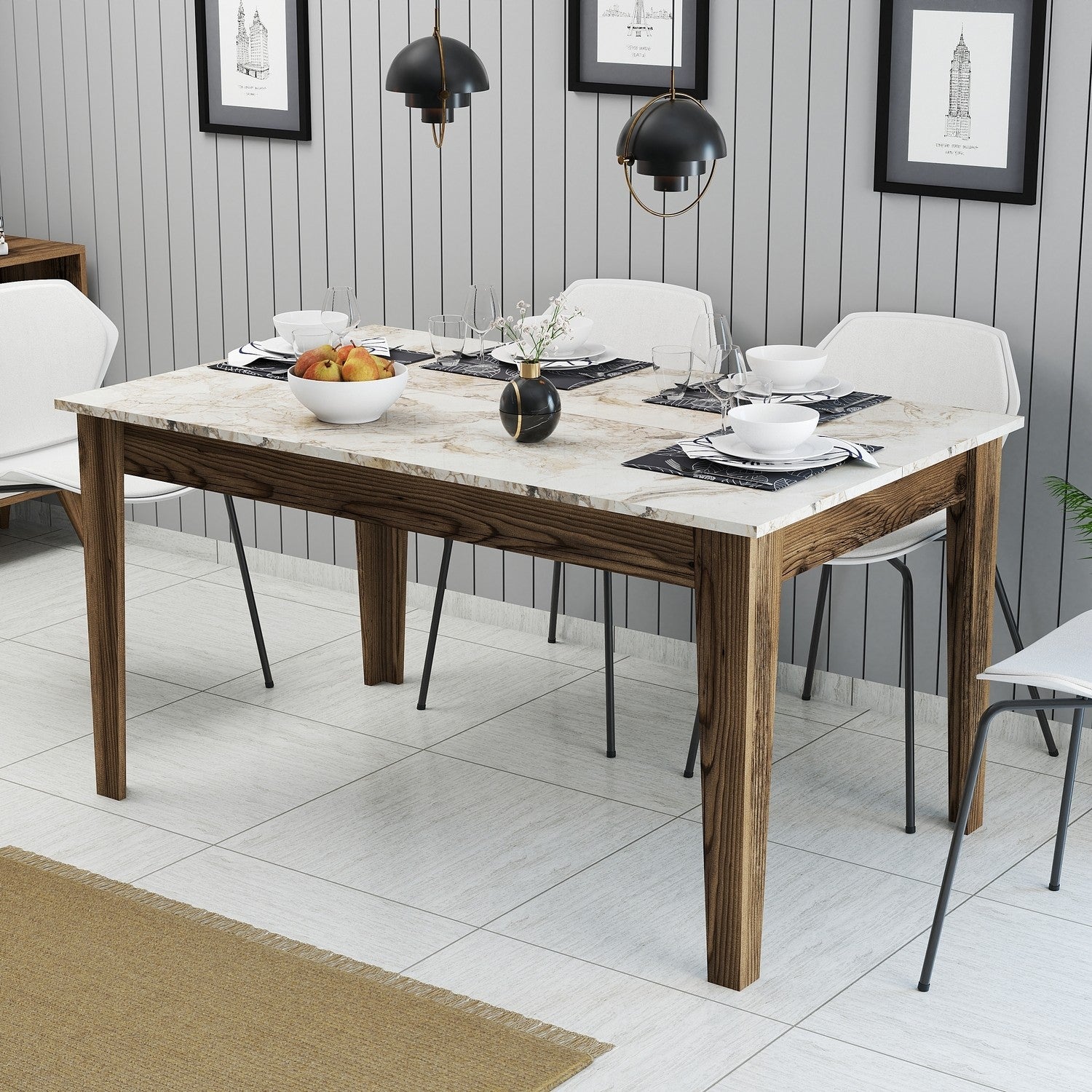 Mesa de Jantar Moderna, Nogueira e Branco, 145 x 75 x 88 cm | Painel de Partículas 100% Revestido com Melamina, 18 mm de Espessura | Pernas Elegantes em Suntalam Antracite, Perfeitas para Espaços Contemporâneos