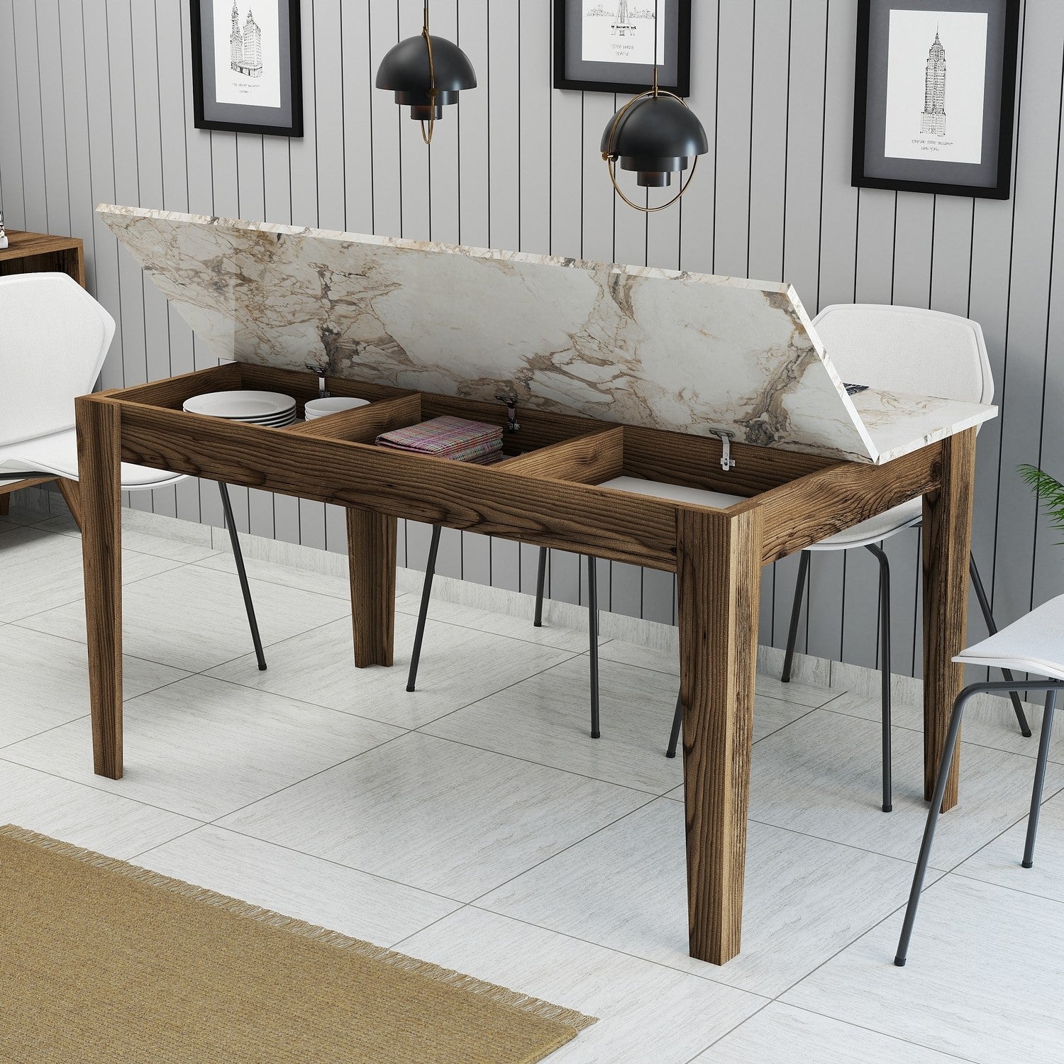 Mesa de Jantar Moderna, Nogueira e Branco, 145 x 75 x 88 cm | Painel de Partículas 100% Revestido com Melamina, 18 mm de Espessura | Pernas Elegantes em Suntalam Antracite, Perfeitas para Espaços Contemporâneos