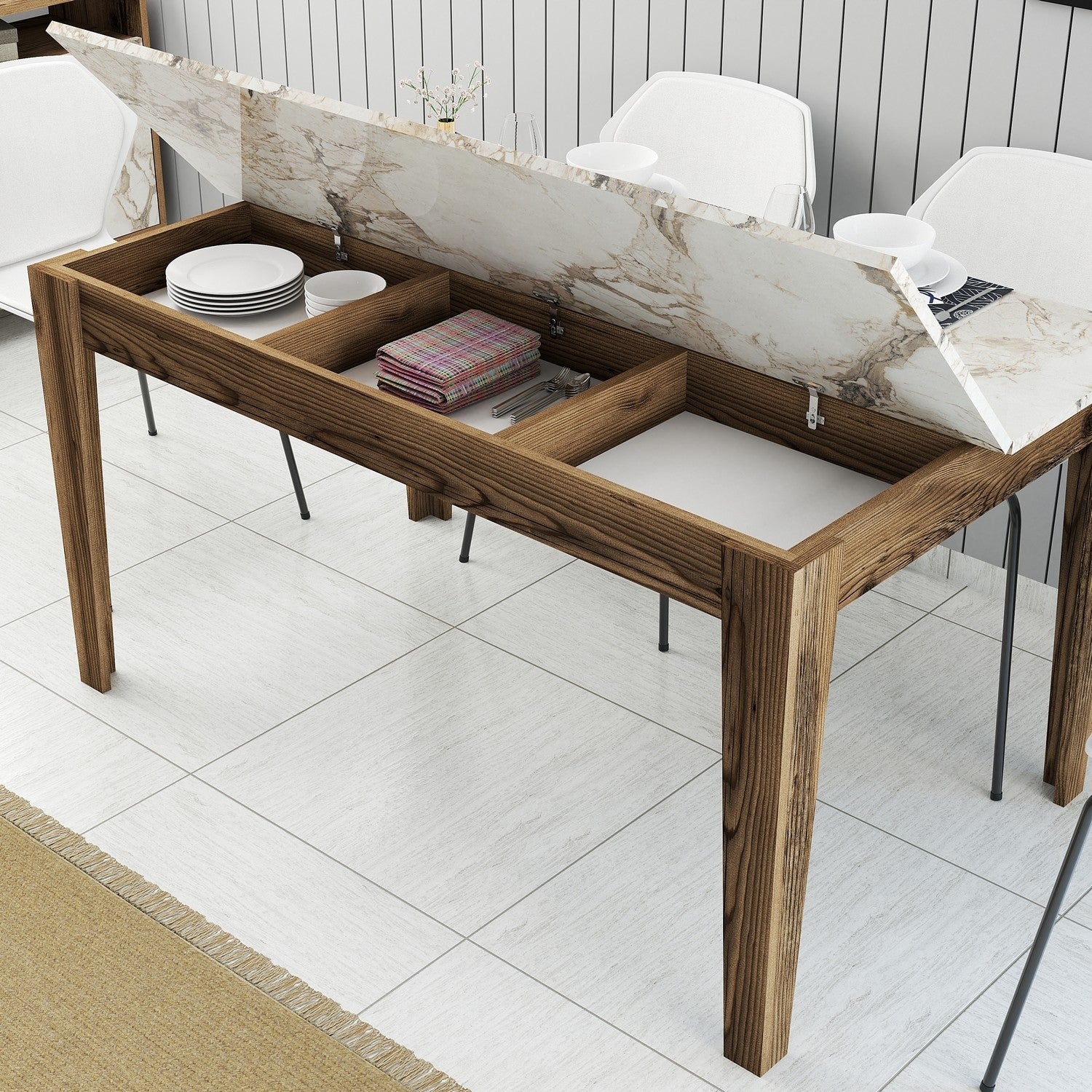 Mesa de Jantar Moderna, Nogueira e Branco, 145 x 75 x 88 cm | Painel de Partículas 100% Revestido com Melamina, 18 mm de Espessura | Pernas Elegantes em Suntalam Antracite, Perfeitas para Espaços Contemporâneos