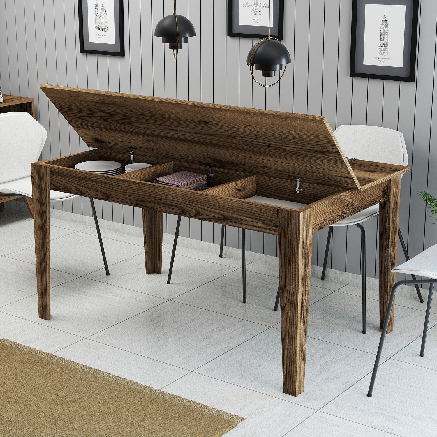 Mesa de Jantar Moderna em Nogueira, 145 x 88 x 75 cm | Painel de Partículas 100% Revestido em Melamina, 18 mm de Espessura | Pernas Elegantes em Suntalam e Área de Armazenamento | Perfeita para Casas Contemporâneas