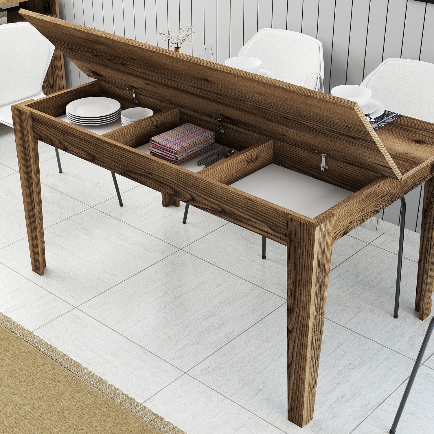 Mesa de Jantar Moderna em Nogueira, 145 x 88 x 75 cm | Painel de Partículas 100% Revestido em Melamina, 18 mm de Espessura | Pernas Elegantes em Suntalam e Área de Armazenamento | Perfeita para Casas Contemporâneas