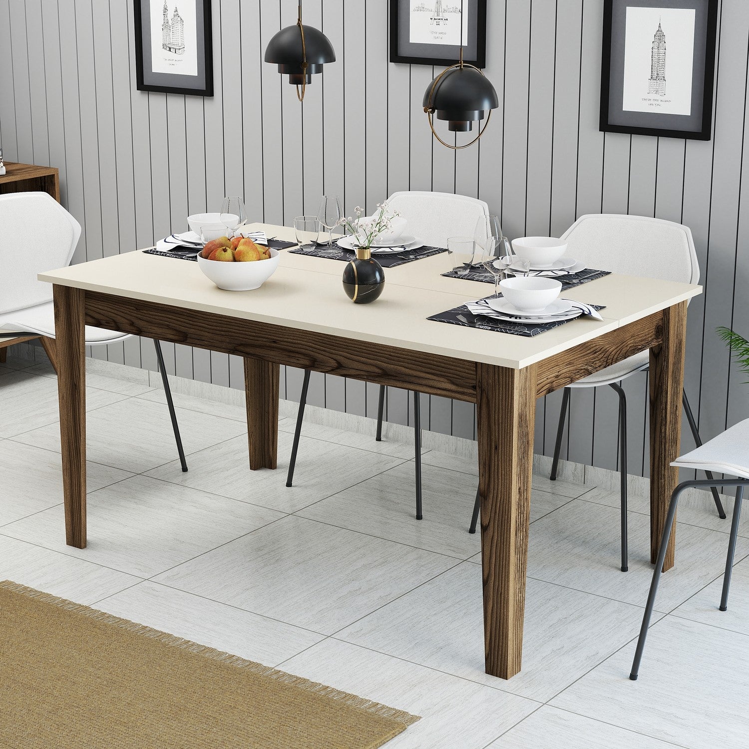 Mesa de Jantar Moderna, Nogueira e Creme, 145 x 88 x 75 cm | Painel de Partículas 100% Revestido com Melamina, 18 mm de Espessura | Pernas Elegantes Suntalam e Área de Armazenamento