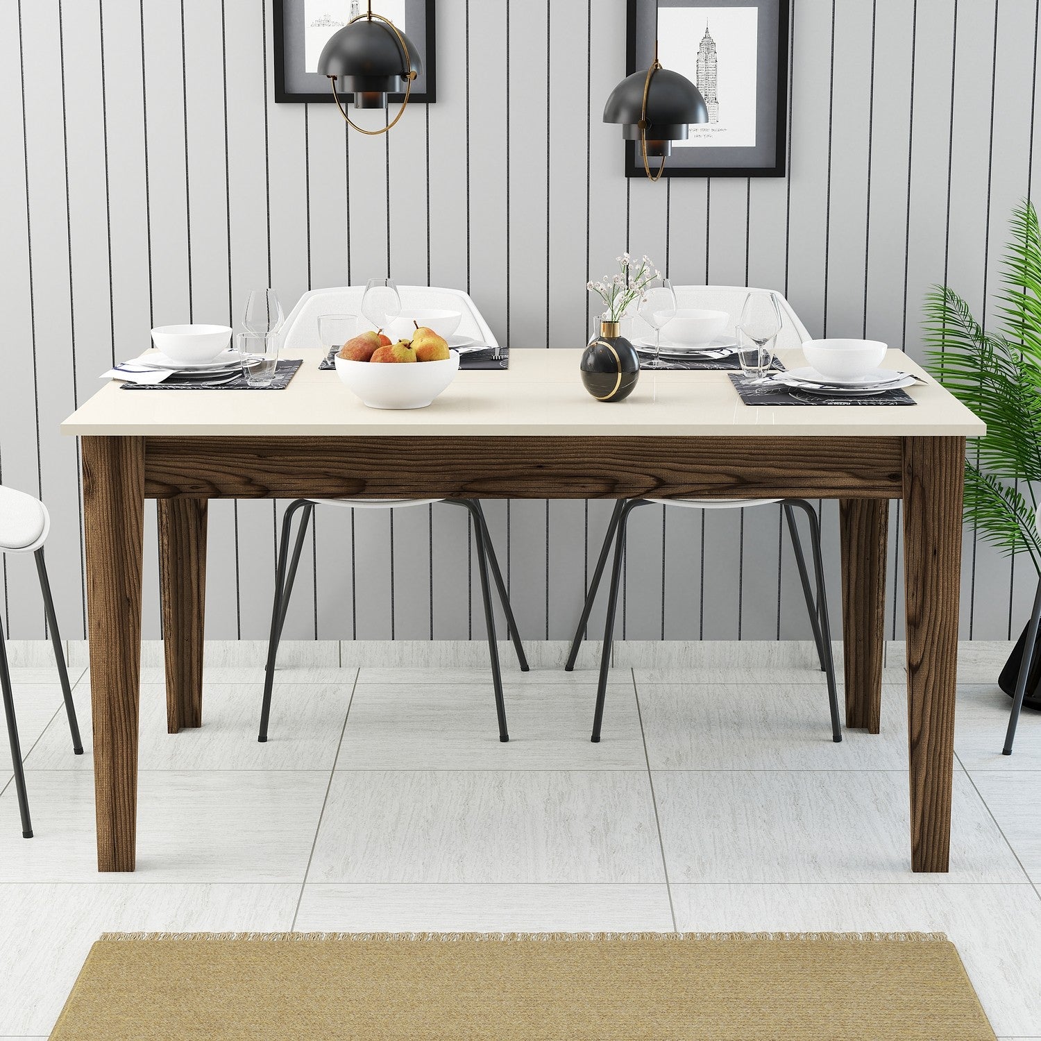 Mesa de Jantar Moderna, Nogueira e Creme, 145 x 88 x 75 cm | Painel de Partículas 100% Revestido com Melamina, 18 mm de Espessura | Pernas Elegantes Suntalam e Área de Armazenamento