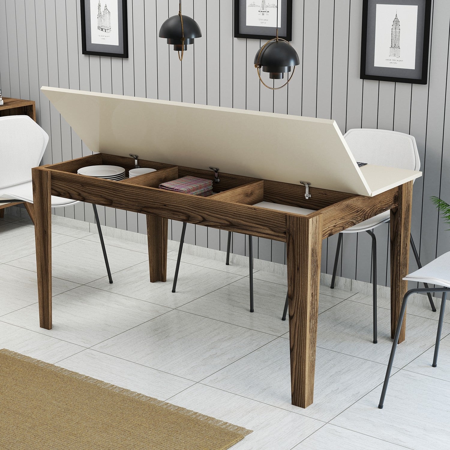 Mesa de Jantar Moderna, Nogueira e Creme, 145 x 88 x 75 cm | Painel de Partículas 100% Revestido com Melamina, 18 mm de Espessura | Pernas Elegantes Suntalam e Área de Armazenamento