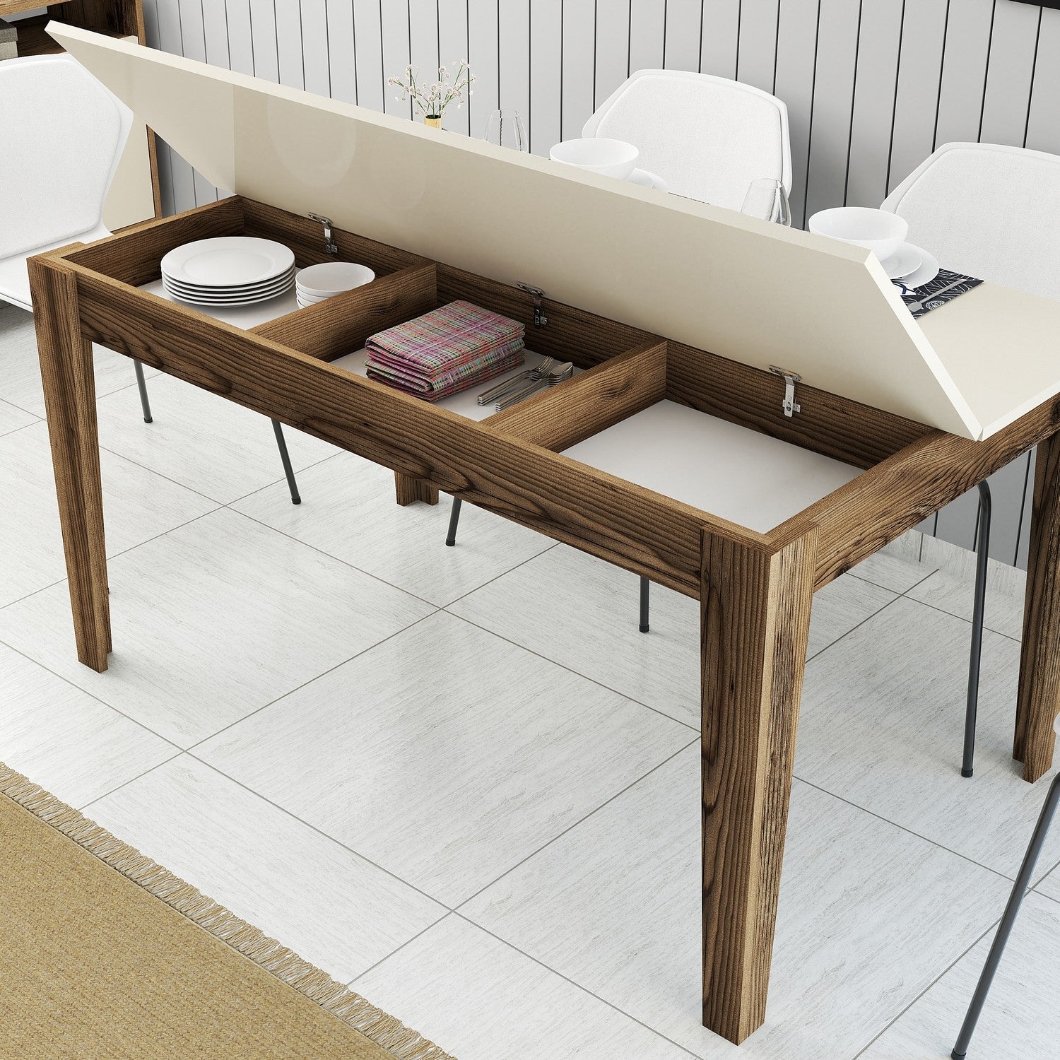 Mesa de Jantar Moderna, Nogueira e Creme, 145 x 88 x 75 cm | Painel de Partículas 100% Revestido com Melamina, 18 mm de Espessura | Pernas Elegantes Suntalam e Área de Armazenamento